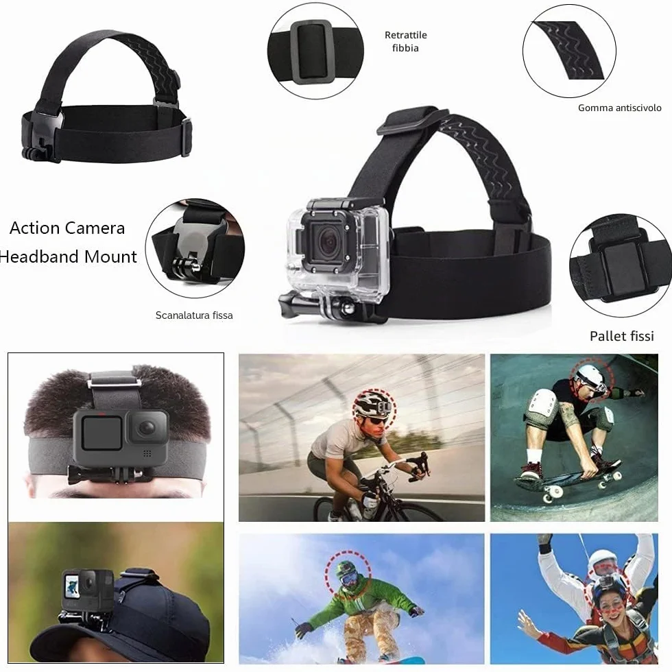 TEKCAM Kit Accessori per Action Cam 4 in 1 Compatibile con GoPro Hero 13 12 11 10/ AKASO Brave 4 Pro/COOAU/DJI Osmo Action 4 5 Pro/SJCAM/Insta360, Imbracatura da Petto Fascia da Testa