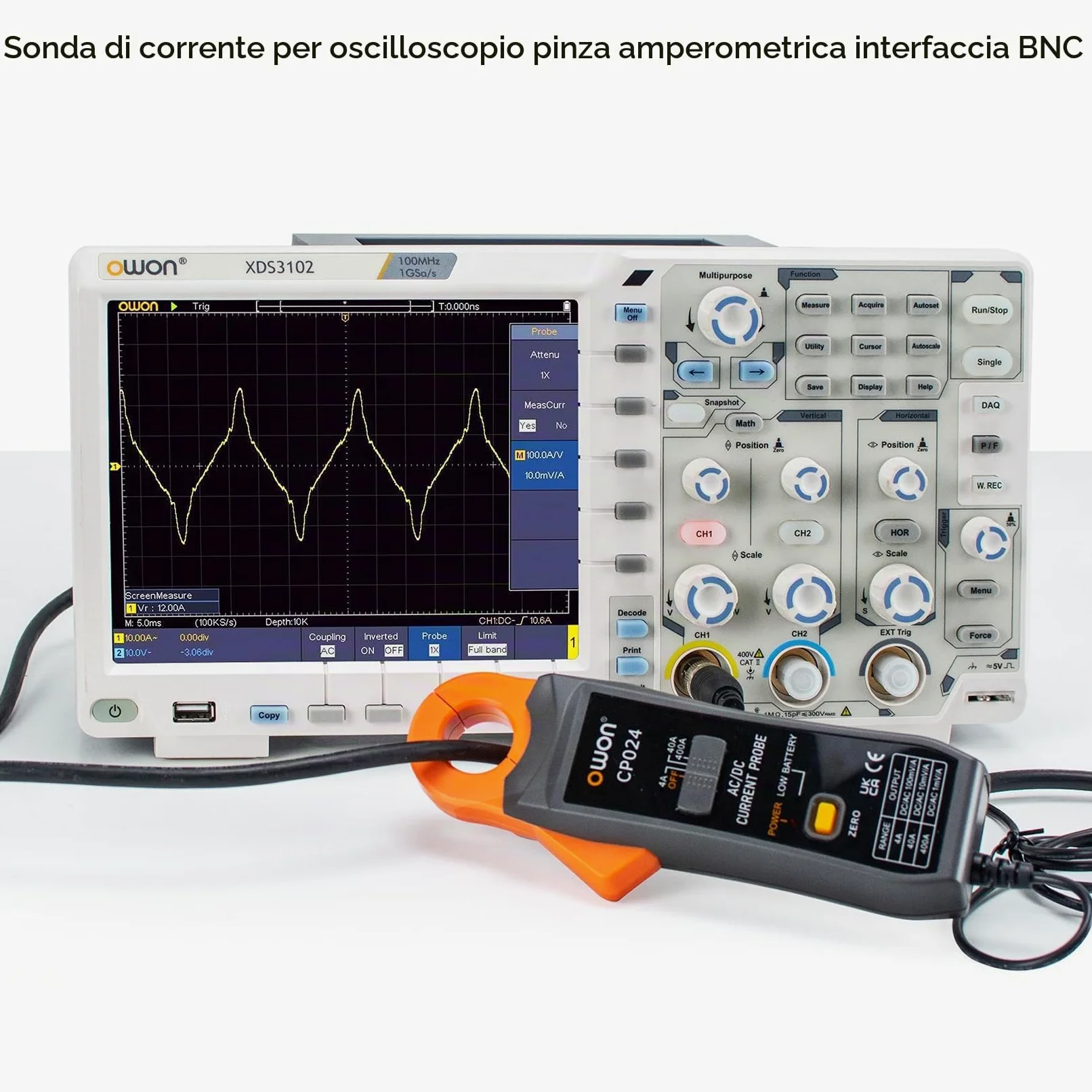 OWON CP024 Sonda a pinza amperometrica AC/DC per oscilloscopio, pinza amperometrica per tester di corrente 200 KHz Larghezza di banda 1 mV/10 mA 400 A Correzione dello zero relativo con connettore BNC