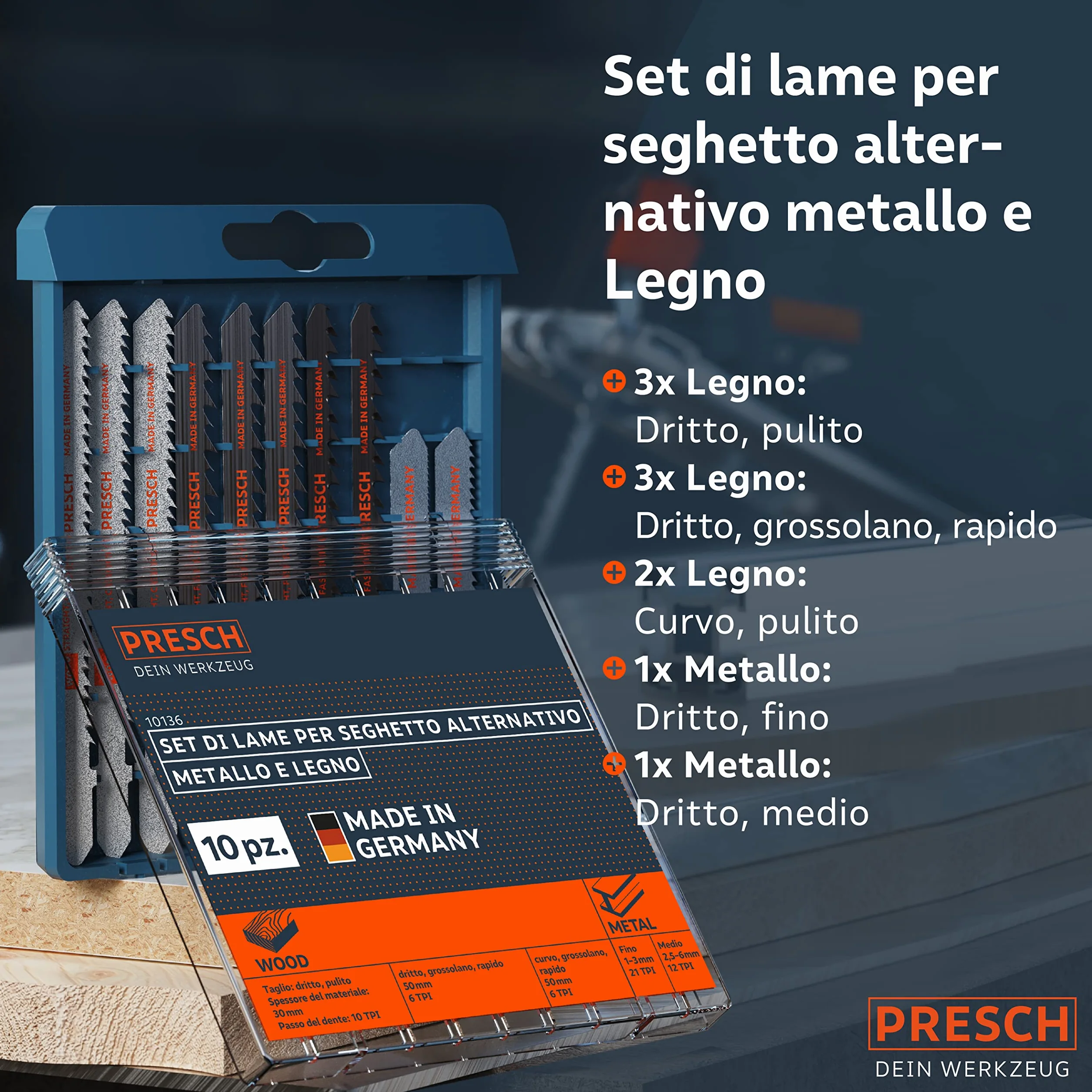 Presch Set di lame seghetto alternativo Metallo e Legno 10 pz. - Un unico set di lame per seghetto con codolo a T alternativo per tutte le applicazioni