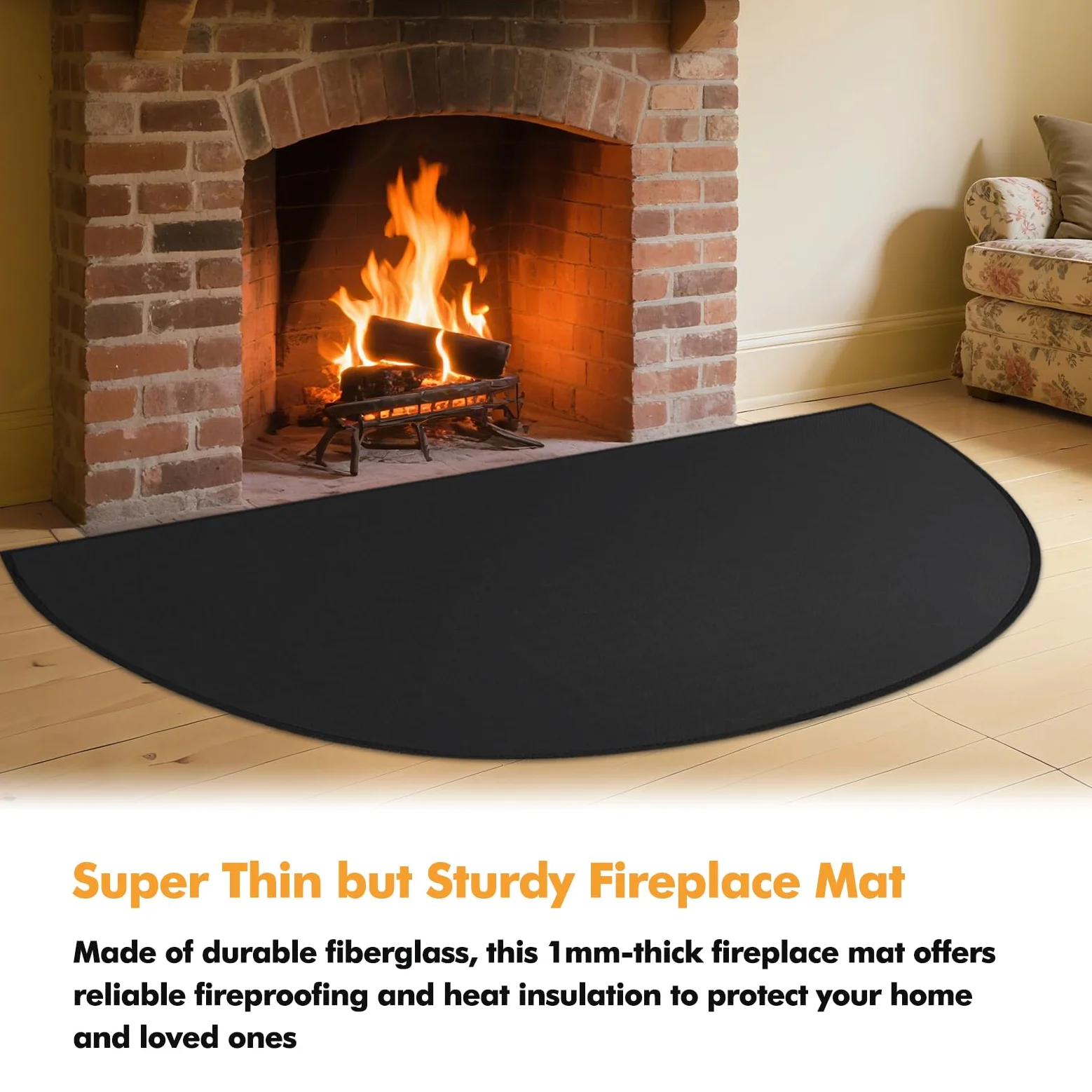 TOHONFOO Tappetino ignifugo per camino, 71 x 122 cm, semicircolare, resistente alla fiamma, in fibra di vetro, resistente al fuoco, protegge i pavimenti da scintille e braci