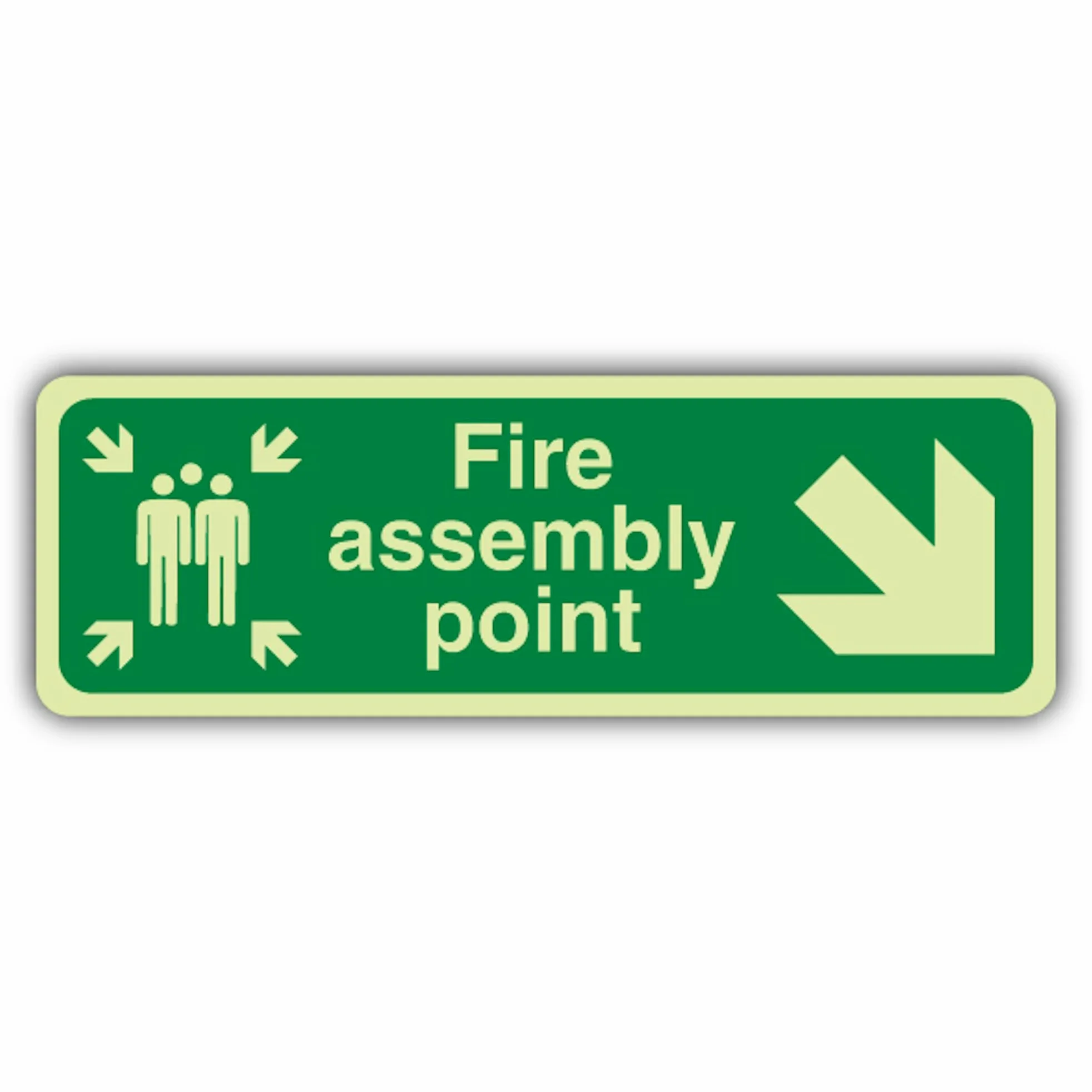 Cartello di sicurezza con scritta "V Safety Glow In The Dark Fire Assembly Point Arrow Down Right – 600 x 200 mm – Realizzato in vinile autoadesivo a doppia luce – Segnaletica antincendio – Made in