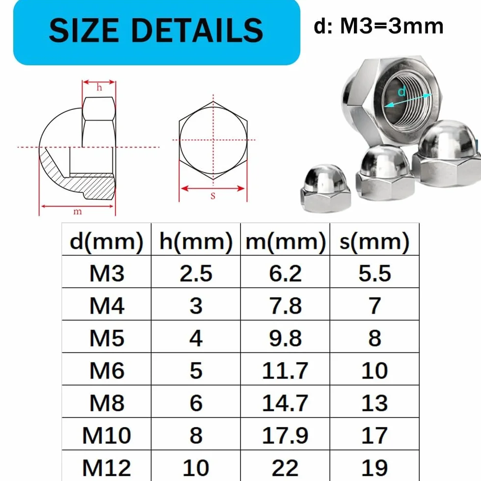 Dadi Ciechi Esagonali in Acciaio Inox M8 - 10 Pezzi