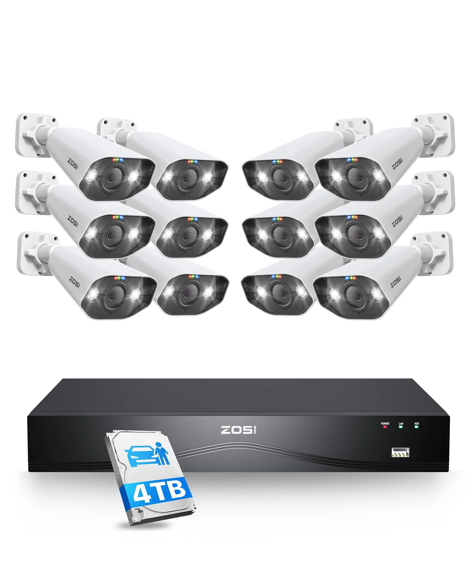 ZOSI 32CH 4K PoE Kit di Telecamere di Sorveglianza, Audio Bidirezionale, 12x PoE Telecamere Esterni, 8MP NVR HDD da 4TB, Rilevamento di Persone/Veicoli, Allarme Acustico, Visione Notturna a Colori | Rilevamento IA di Persona/Veicolo, Audio Bidirezionale,