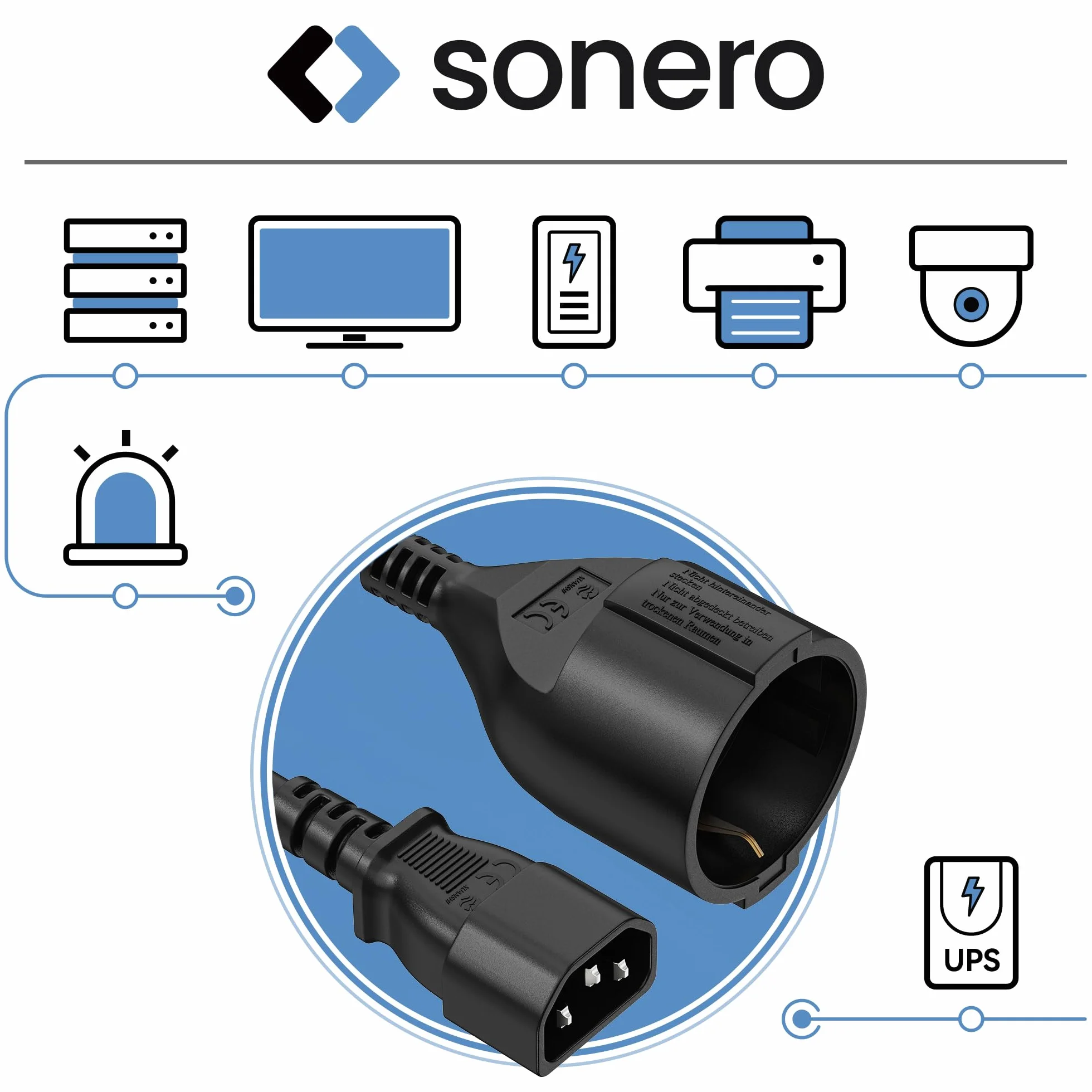 sonero adattatore cavo UPS, cavo di alimentazione da C14 a CEE7, 3 pin, 1,00m, robusto cavo per alimentatore, computer, workstation, sistemi di sicurezza, monitor, spina di rete, nero