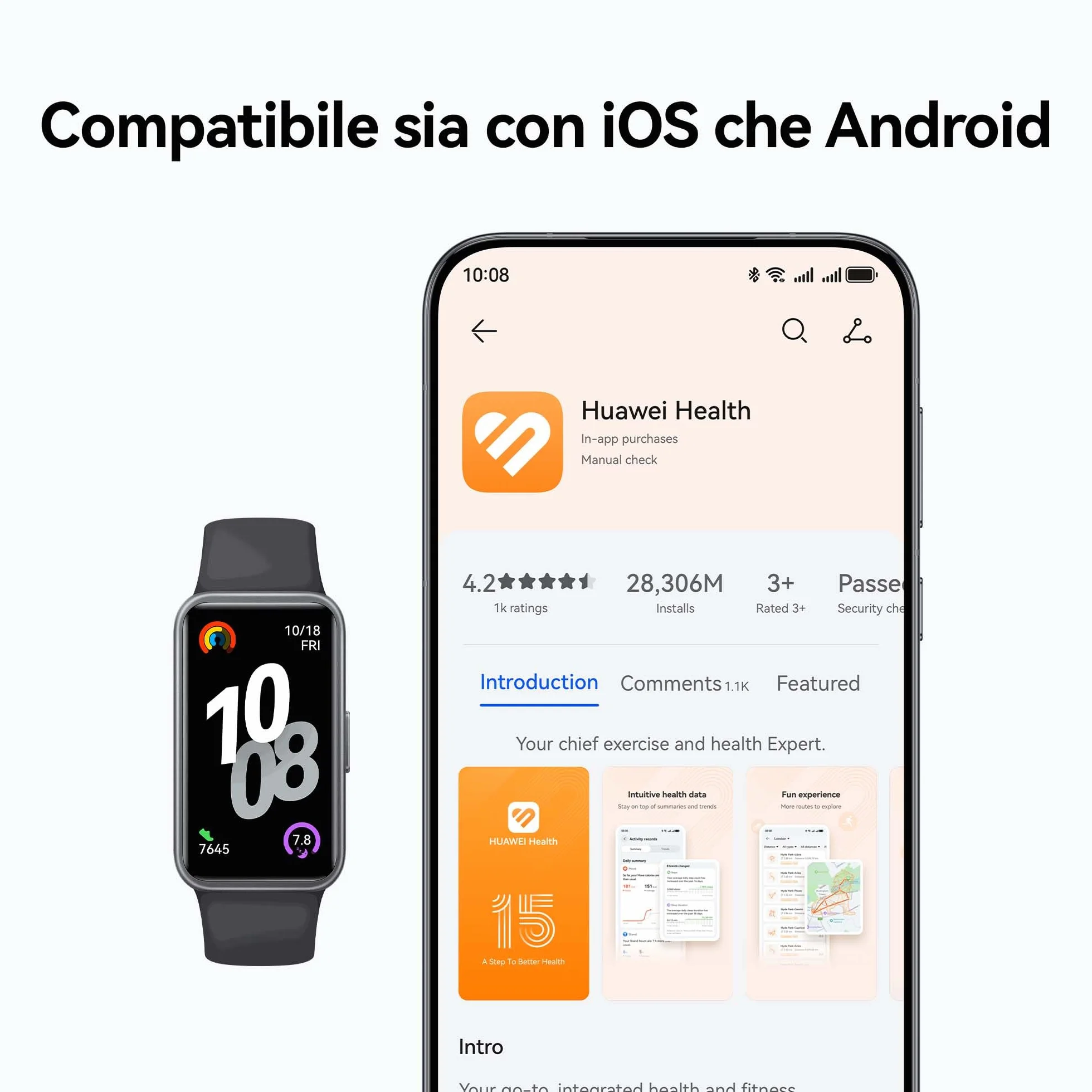 HUAWEI Band 10 Smartwatch, Monitoraggio del Fitness Tramite AI, Analisi Avanzata del Sonno, Variabilità della Frequenza Cardiaca Media Durante il Sonno e Approfondimenti, 14 Giorni, iOS & Android