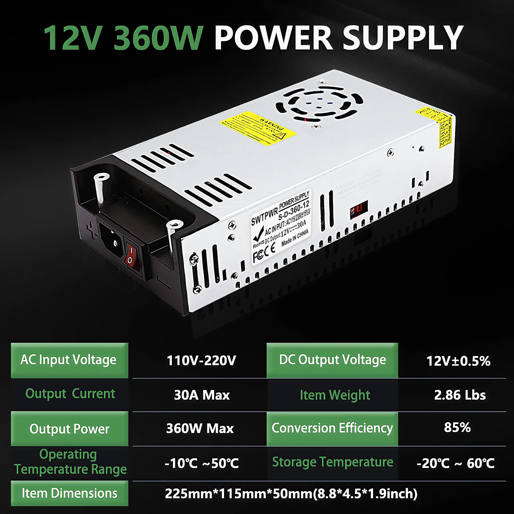 Alimentatore di rete da 12 V, 30 A, 360 W, trasformatore da 110 V/230 V AC a DC, trasformatore industriale per striscia luminosa a LED, CCTV, radio SMPS (DC12 V, 30 A, 360 W)