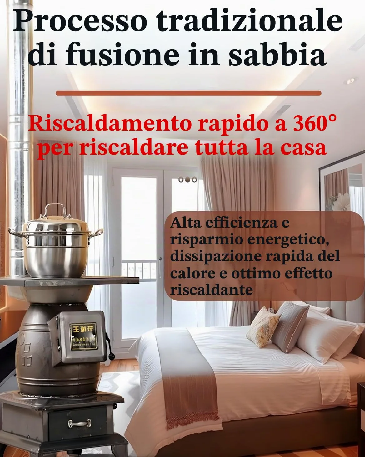 Stufa a legna per interni, riscaldamento efficiente con struttura in ghisa, per uso domestico ed esterno