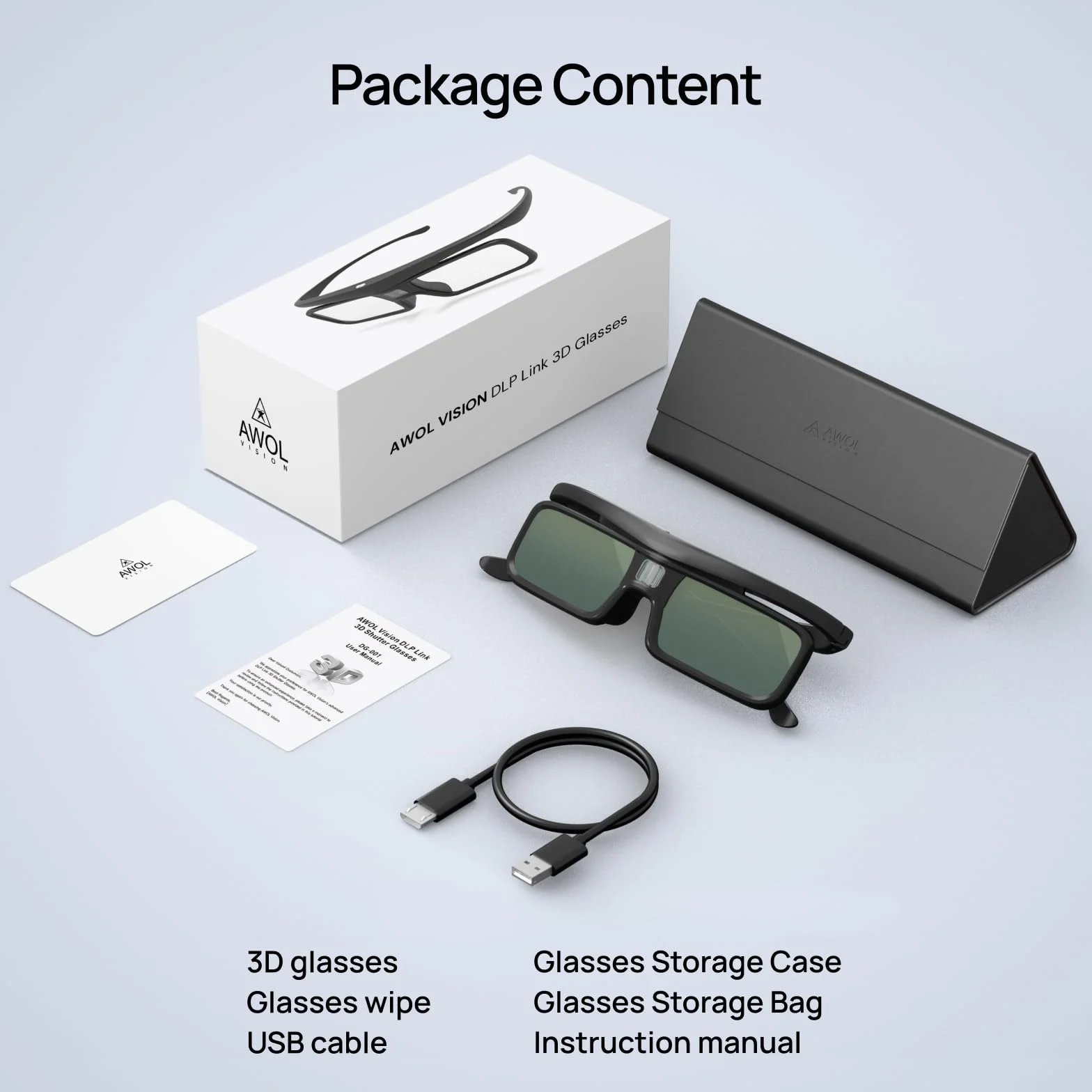 AWOL VISION DLP Link 3D Glasses, occhiali ricaricabili con otturatore attivo compatibili con AWOL VISION LTV-2500, LTV-3500, Vanish TV e altri proiettori DLP-Link 3D (Nero 2PCS)