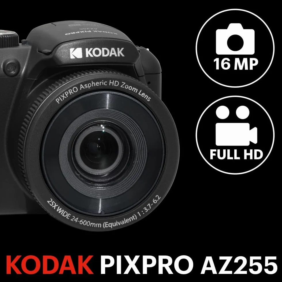 Kodak Pixpro AZ255 - Fotocamera Bridge da 16 MP con zoom ottico 25x + custodia protettiva + scheda SD da 32 GB - video Full HD 1080p, grandangolo 24 mm, stabilizzatore, schermo LCD da 3" - nero