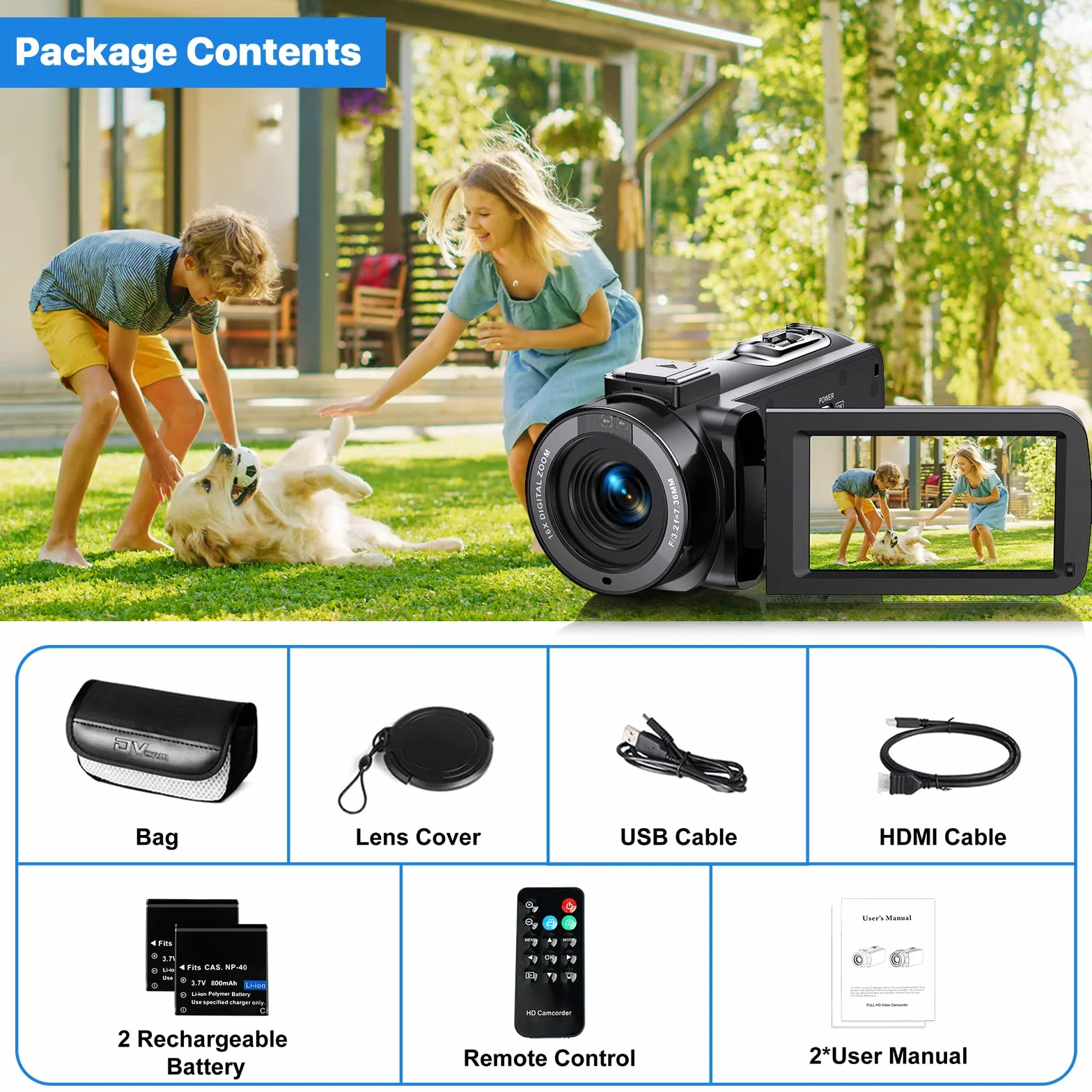 Videocamera Digitale FHD 1080P Camcorder 30FPS Vlogging Camera per Youtube 16X Zoom Digitale e IR Visione Notturna 3.0" IPS Schermo Videocamera Camcorder con 2 Batterie e Telecomando