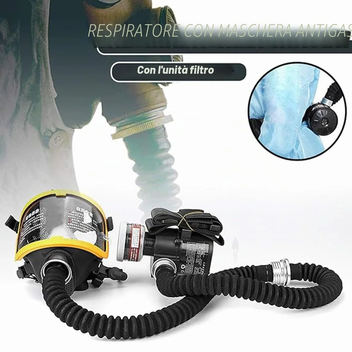 Respiratore a faccia piena per pesticidi con filtro chimico, silicone, saldatura, vernice - Sistema elettrico di alimentazione aria a flusso costante