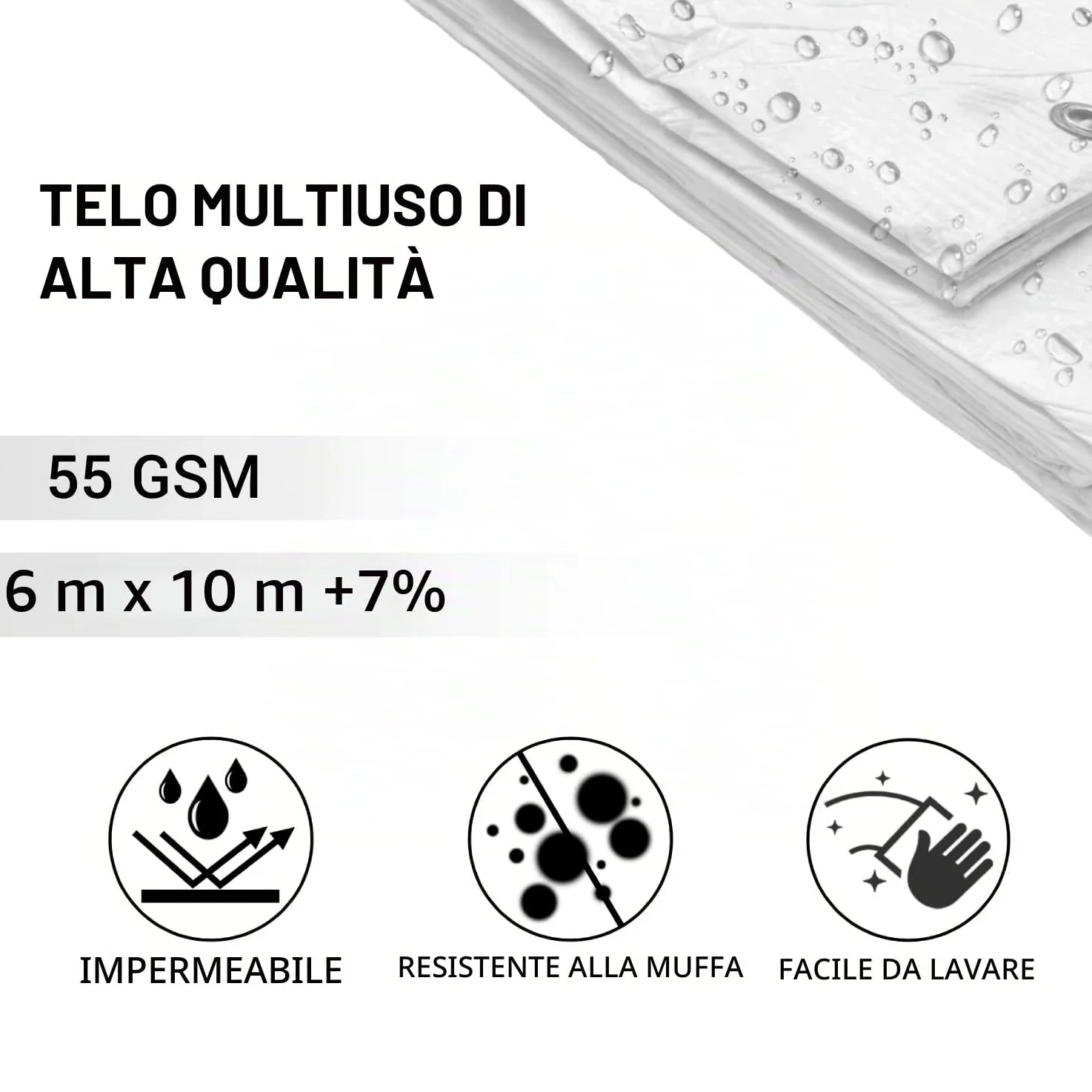 SKIR'CO Telone bianco 6 x 10 m, impermeabile, 55 g/m², con occhielli, protezione per auto, multifunzione
