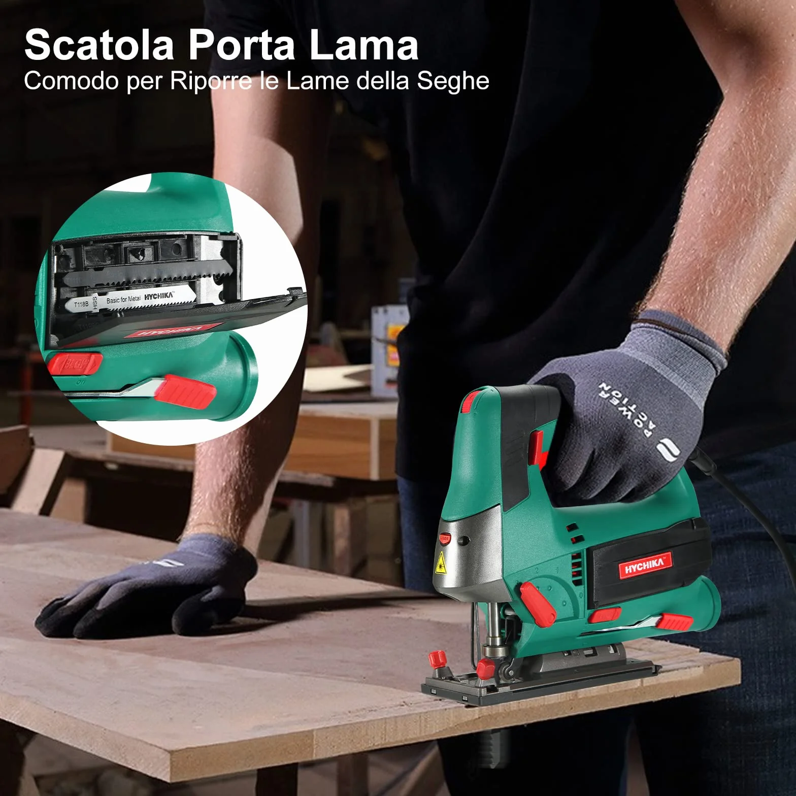 HYCHIKA Seghetto Alternativo 800W, Profondità di Taglio 110mm, 800-3000RPM, 6 Velocità variabile, Angolo di Inclinazione Regolabile da ±45 °, Adatto a Metallo e Legno