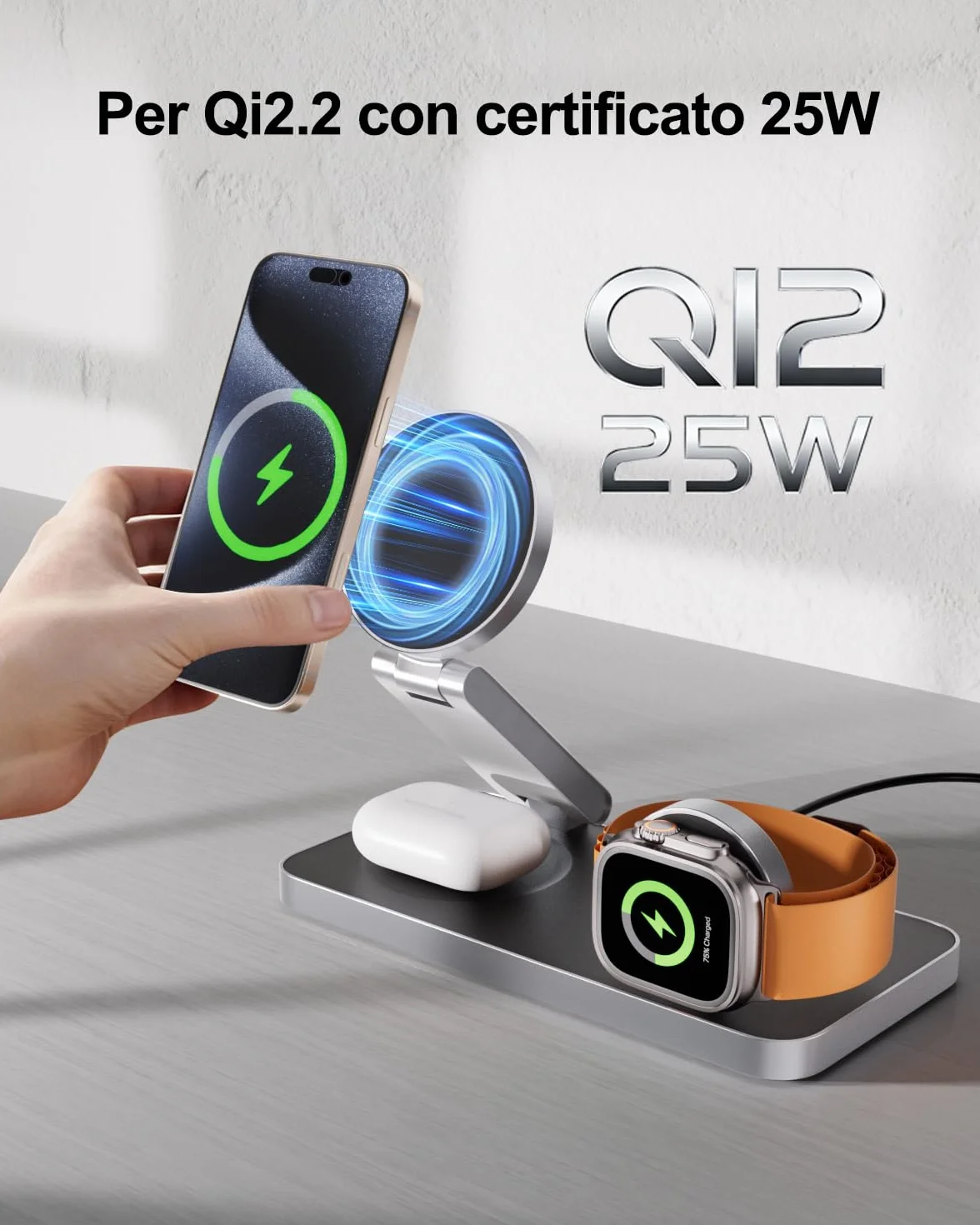 EXW Caricatore Wireless con Qi2.2 25W Compatibile con MagSafe, Stazione di Ricarica Wireless 3 in 1 per iPhone 17 16 15 14 13 12, Apple Watch 11-4/Ultra/SE, AirPods, con 35W Adapter