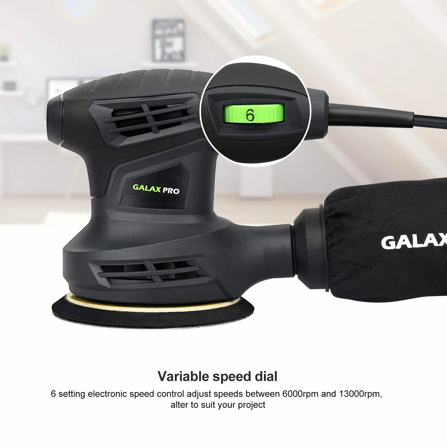 GALAX PRO Levigatrice Orbitale, 280W 6 Velocità Variabili 6000-13000 RPM Levigatrice Rotorbitale, 15 pezzi 125mm Dischi abrasivi, Polvere sistema di raccolta, ideale per DIY