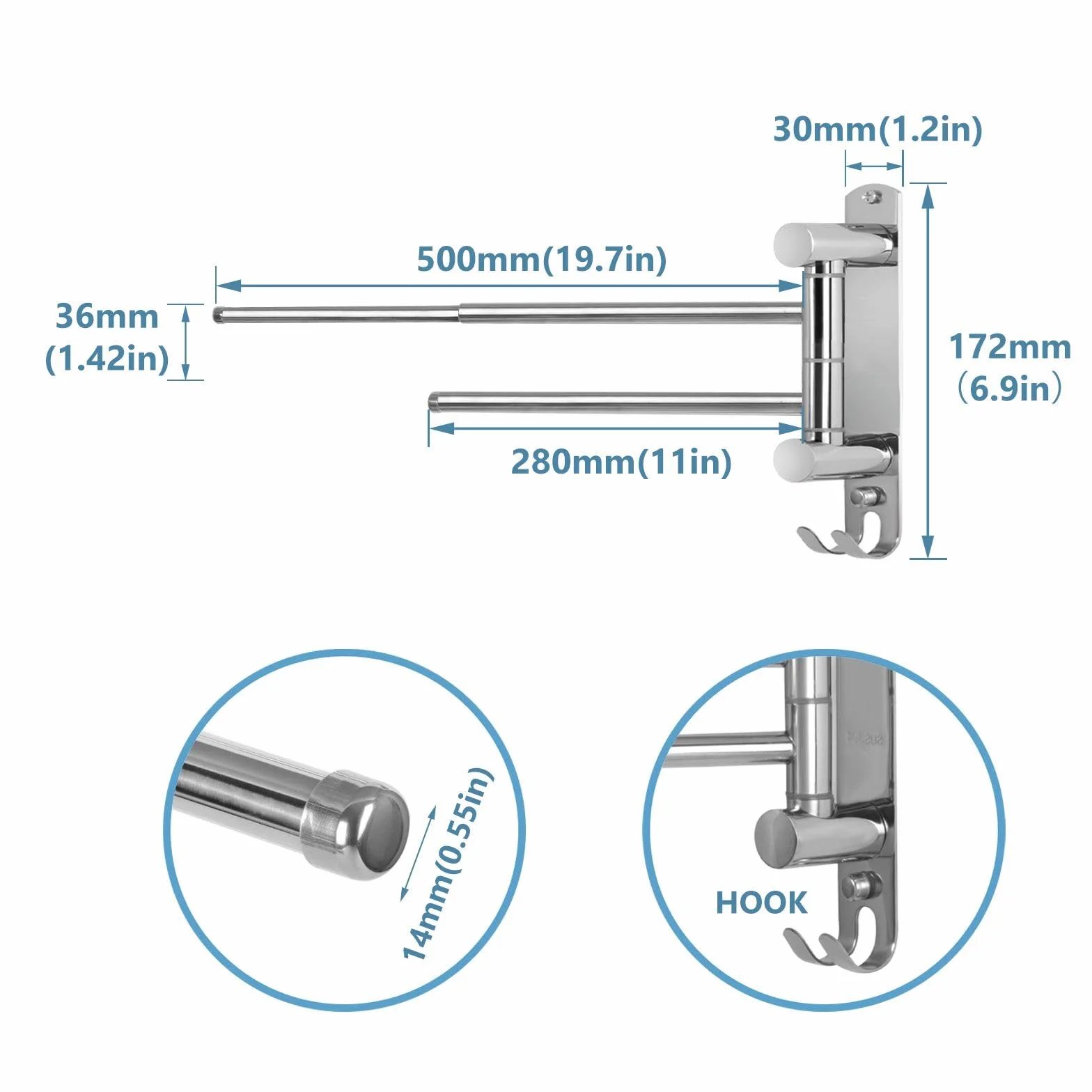 Portasciugamani Telescopico 2 Barre Acciaio Inox SUS304 per Bagno Argento