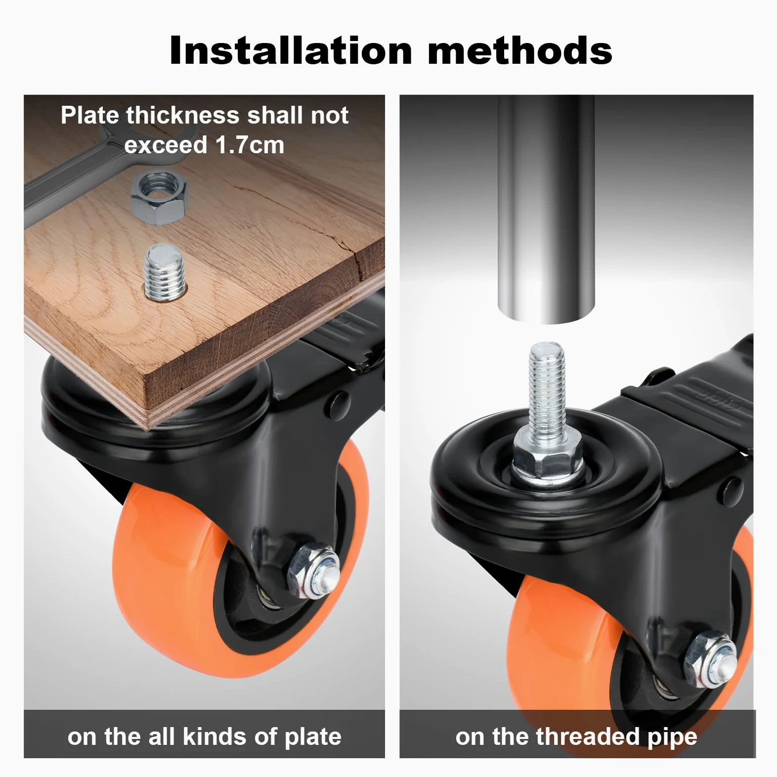 75 mm Ruote per carrelli M10-1.5 x 25 Ruote con Perno filettato Set da 4 per carichi Pesanti 450kg Bino Blocco Congegno & Silenzioso Ruote per Cavo Scaffalatura, Carrelli, Mobili