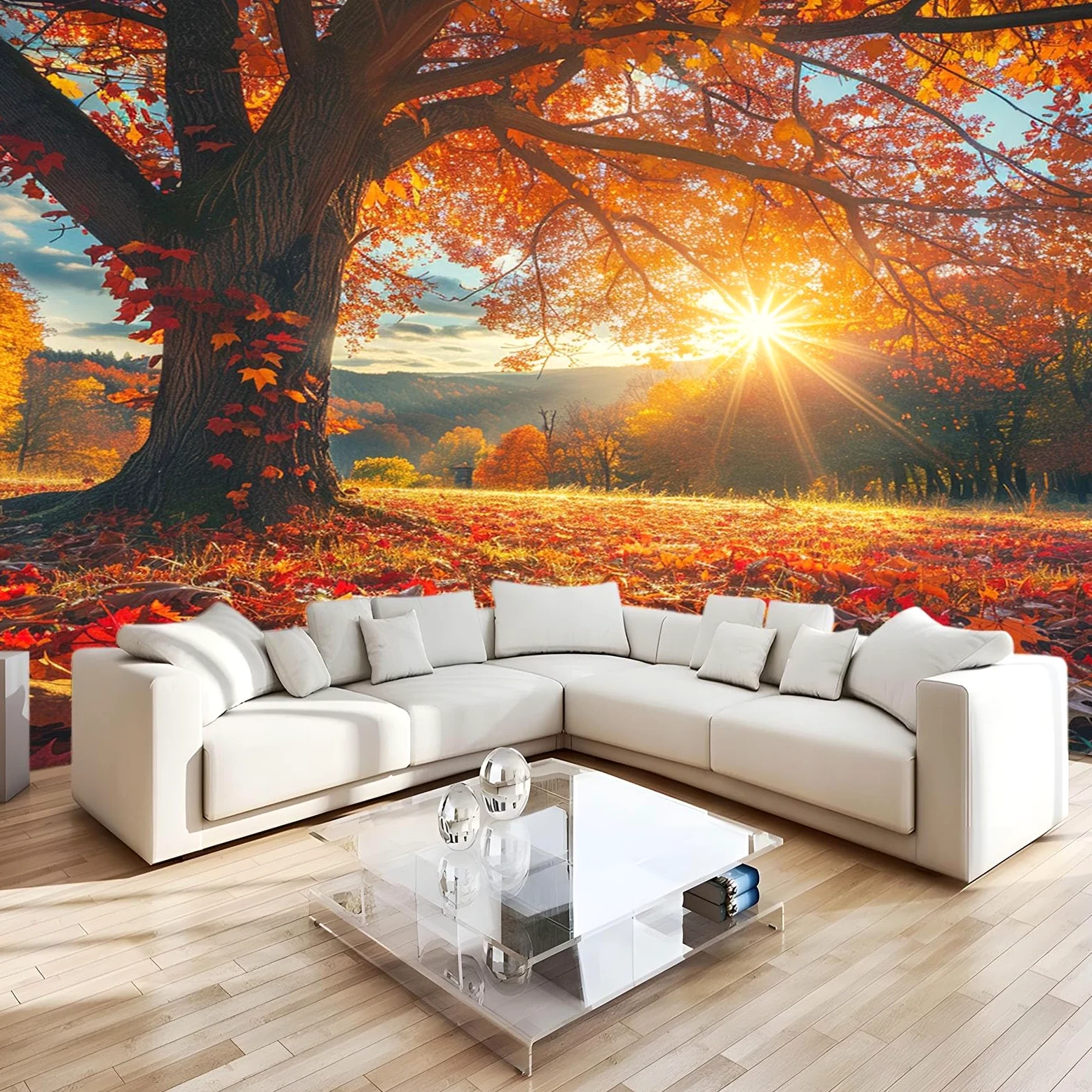 Poster Giganti da Parete Paesaggio autunnale del tramonto dell'acero Fotomurale Carta da Parati TNT Murale alla Moda Decorazione da Muro fotografica 300x210 cm Murale per Camera Letto Sala