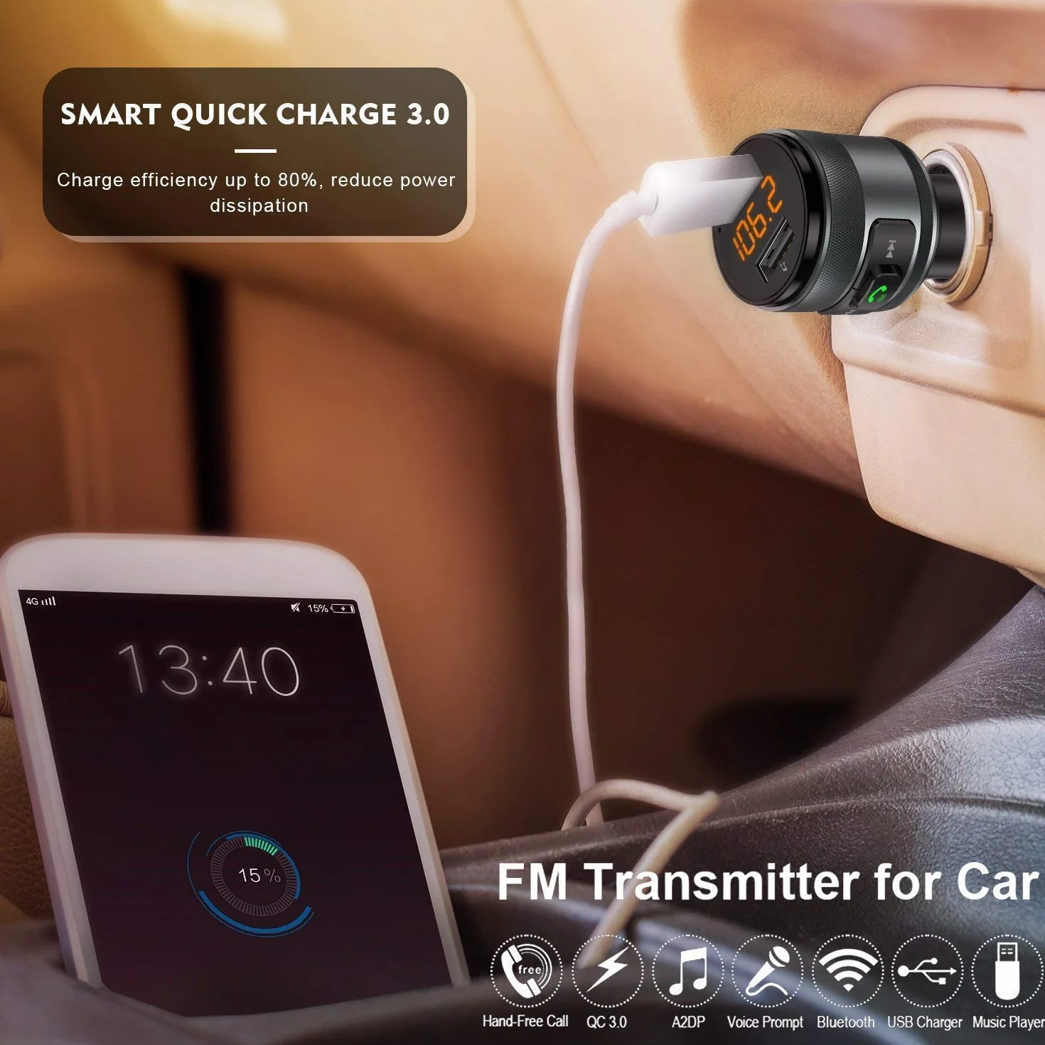 Trasmettitore FM, Vorstik Trasmettitore FM Bluetooth per Auto, Adattatore Radio Wireless QC 3.0 con Chiamata Vivavoce, Caricatore Doppio USB.