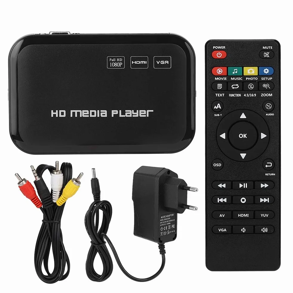 Mini Full HD 1080P Multi Media Player Uscita HDMI/AV, Lettore video audio HD con telecomando e cavo AV, Supporta MMC/SD/MS/SDHC(EU)