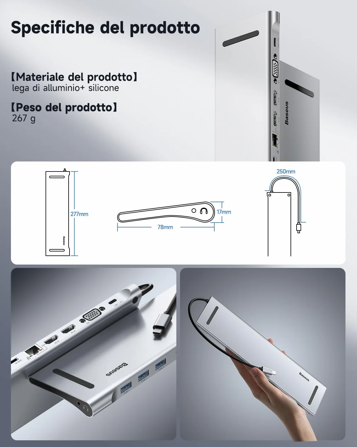 Baseus Docking Station 11 in 1 USB C, Hub USB C con triplo display con 2x HDMI 4K, 3x USB 3.0, Alimentatore di tipo C, VGA, Lettore di schede SD/TF, Ethernet, Audio da 3,5 mm, per MacBook Pro/Air