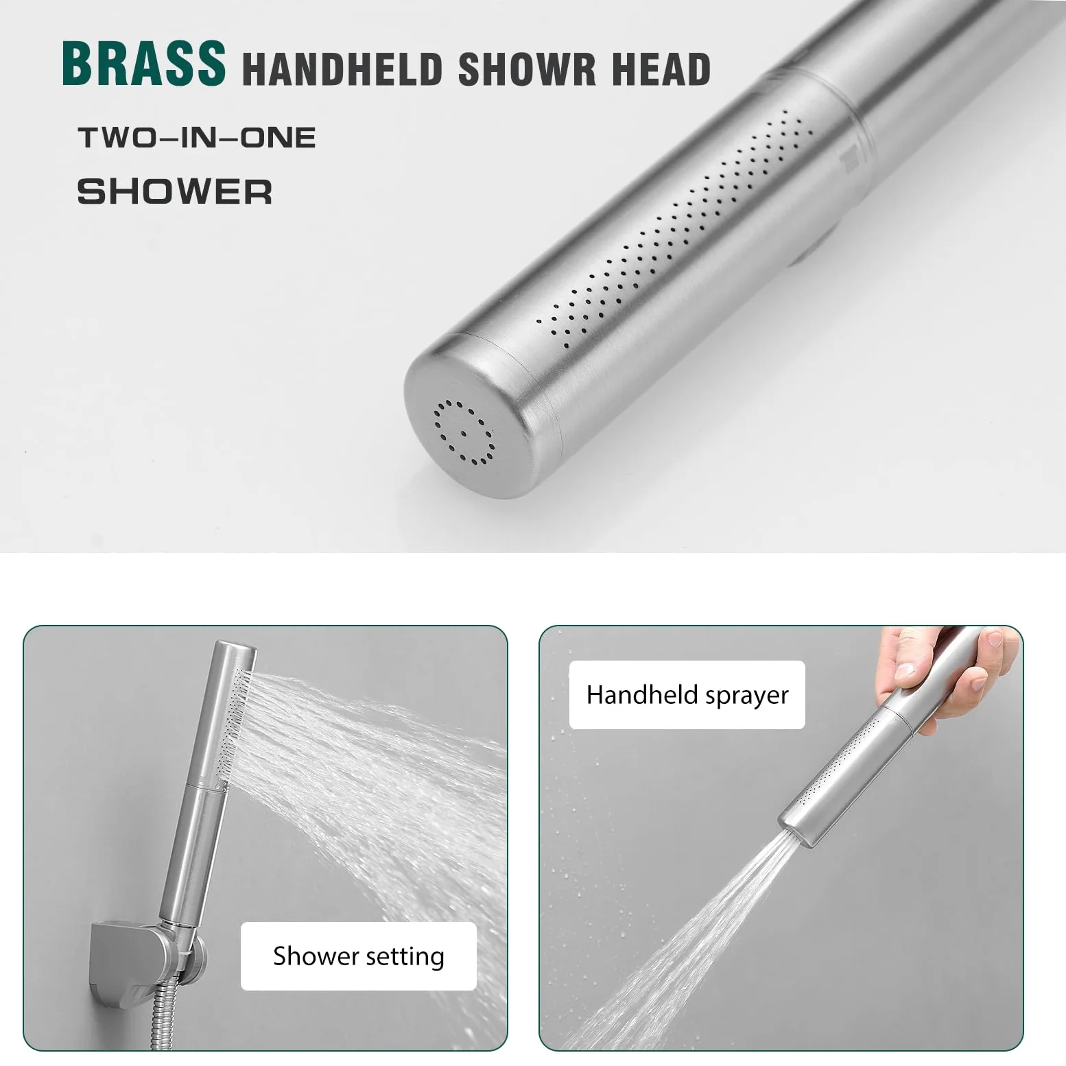 Homipro, soffione doccia in ottone spazzolato 2 in 1, funzione ad alto flusso, ad alta pressione, 17,8 cm, finitura spazzolata, doccetta con tubo flessibile da 150 cm, staffa