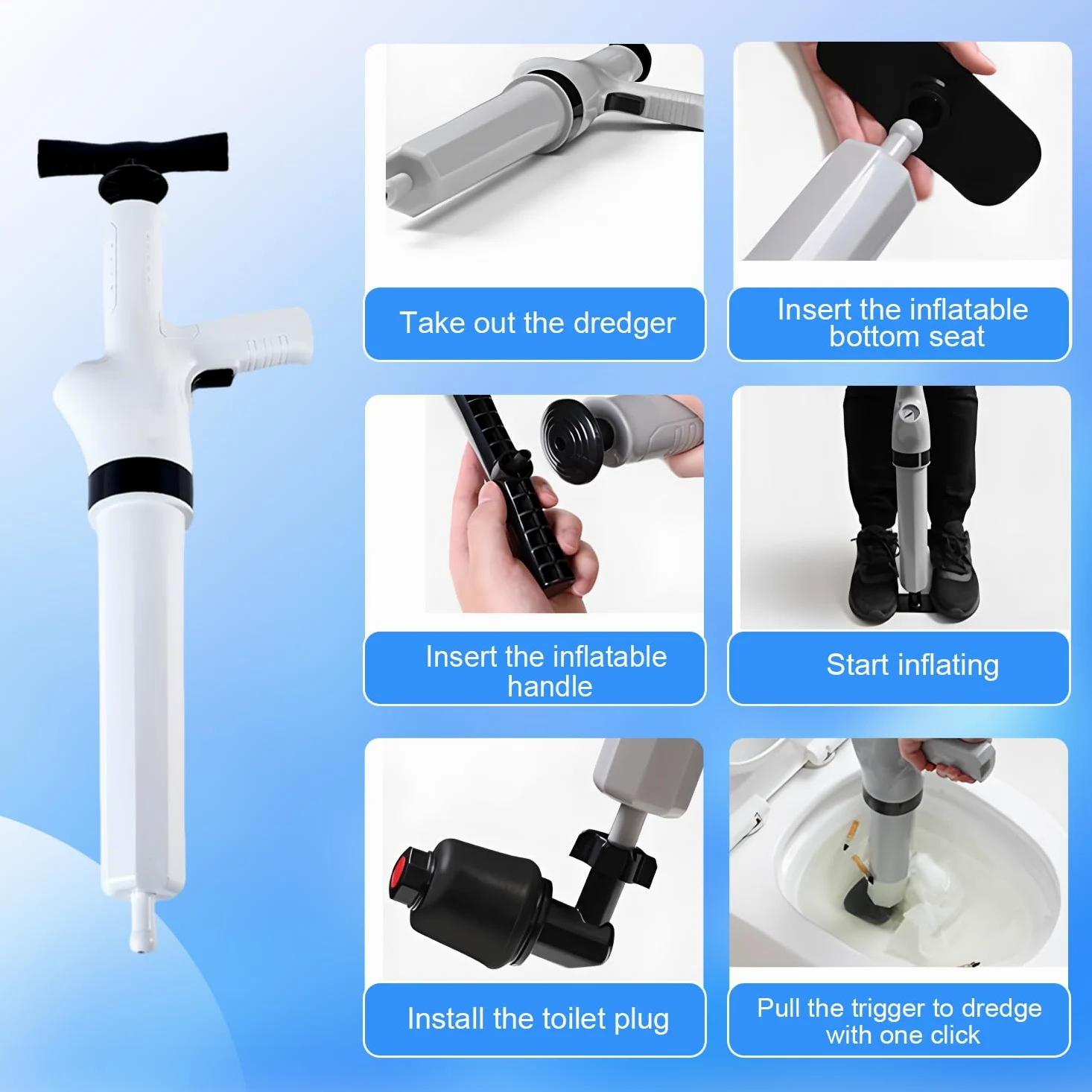 Pompa Stura Scarichi a Pressione con Barometro, Stantuffo per WC ad Aria Compressa, Pistone per WC con 4 Teste di Pistone, per Sbloccare WC, Lavandino, Bianco, Scarico a Pavimento