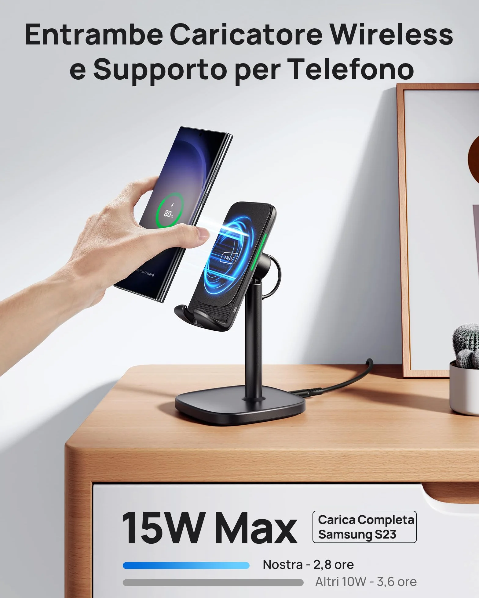 INIU Caricatore Wireless Phone Stand, 15W Certificato Qi Ricarica Rapida di Adujstable Wireless Charger Holder Indicatore Adattivo Supporto per iPhone 15 14 13 12 11 Samsung Galaxy Xiaomi Google LG