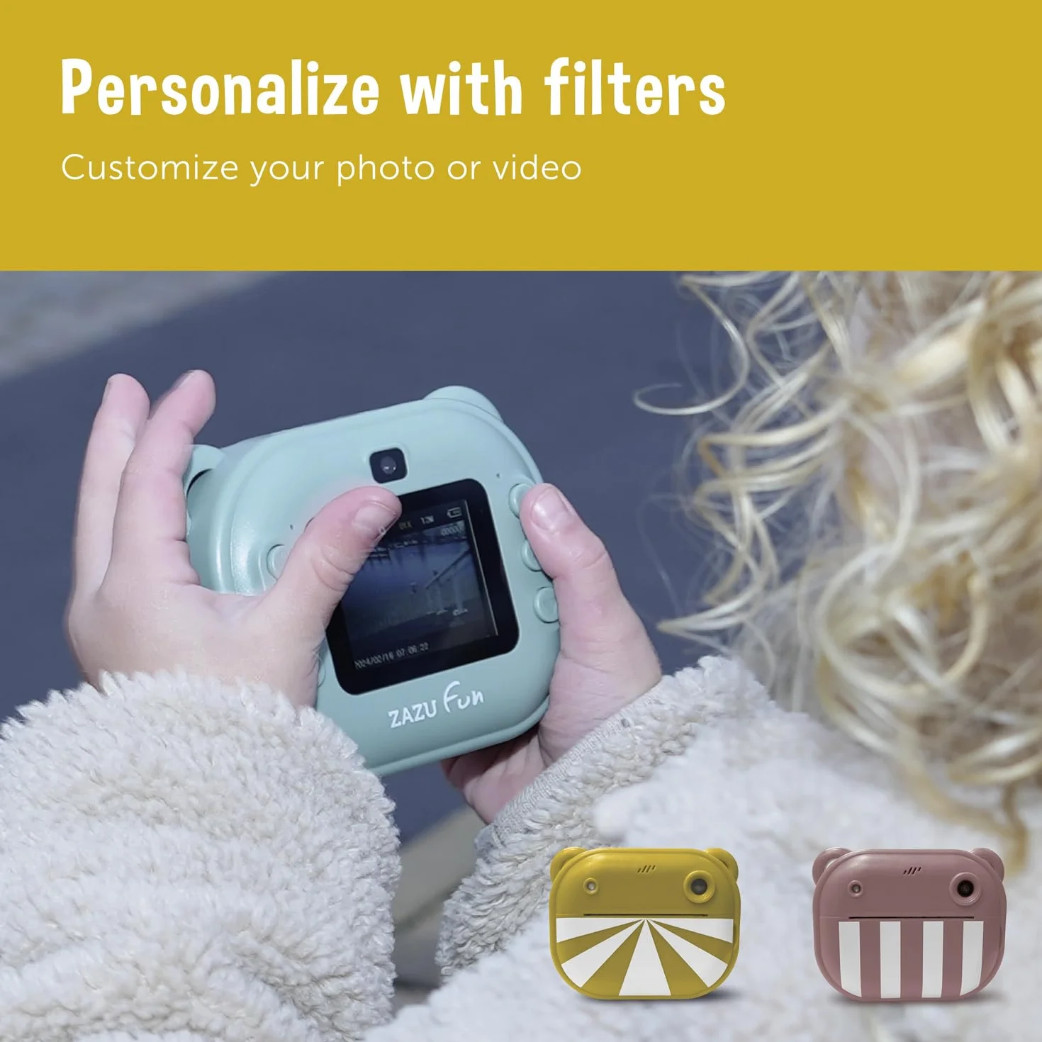 ZAZU Fotocamera digitale istantanea per bambini, foto ad alta risoluzione da 48 MP, display a colori da 2", video Full HD 1080P, stampa termica senza inchiostro, batteria ricaricabile, con 2 rulli di