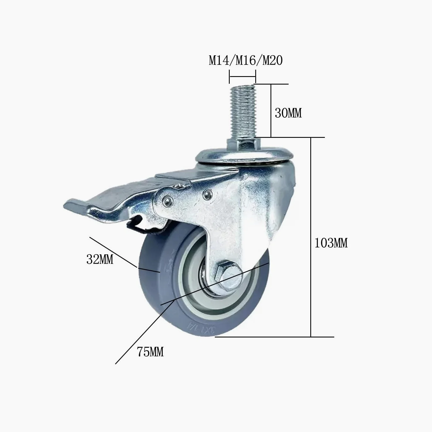 Ruote per carichi Pesanti da 75 mm, 4 Pezzi, Ruote in Gomma con Freno, Filettatura M14/M16/M20, rotelle per mobili, capacità di carico 300 kg per carrelli Porta-Attrezzi e mobili.