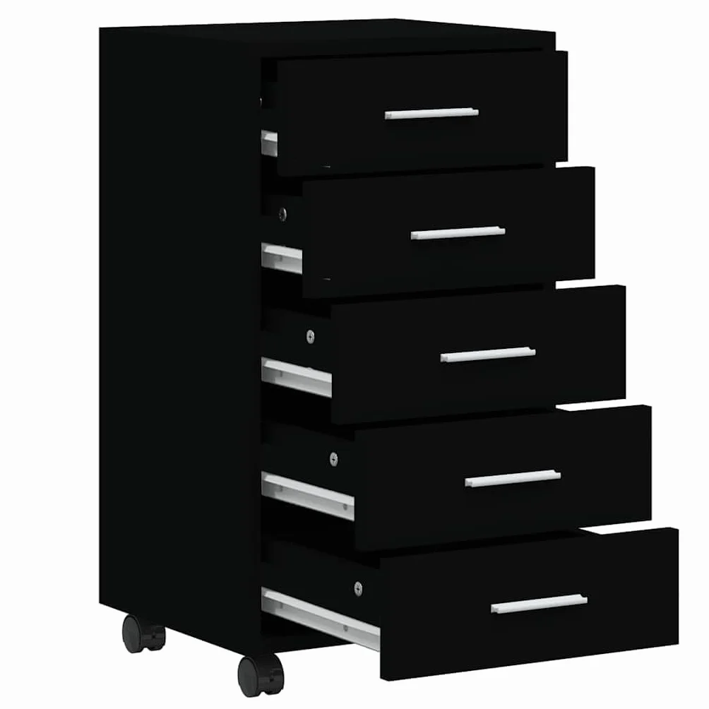 Cassettiera a rotelle nera, 33 x 38 x 63 cm, in legno, alluminio, 5 cassetti, flessibile, ufficio, studio, balcone, cameretta dei bambini