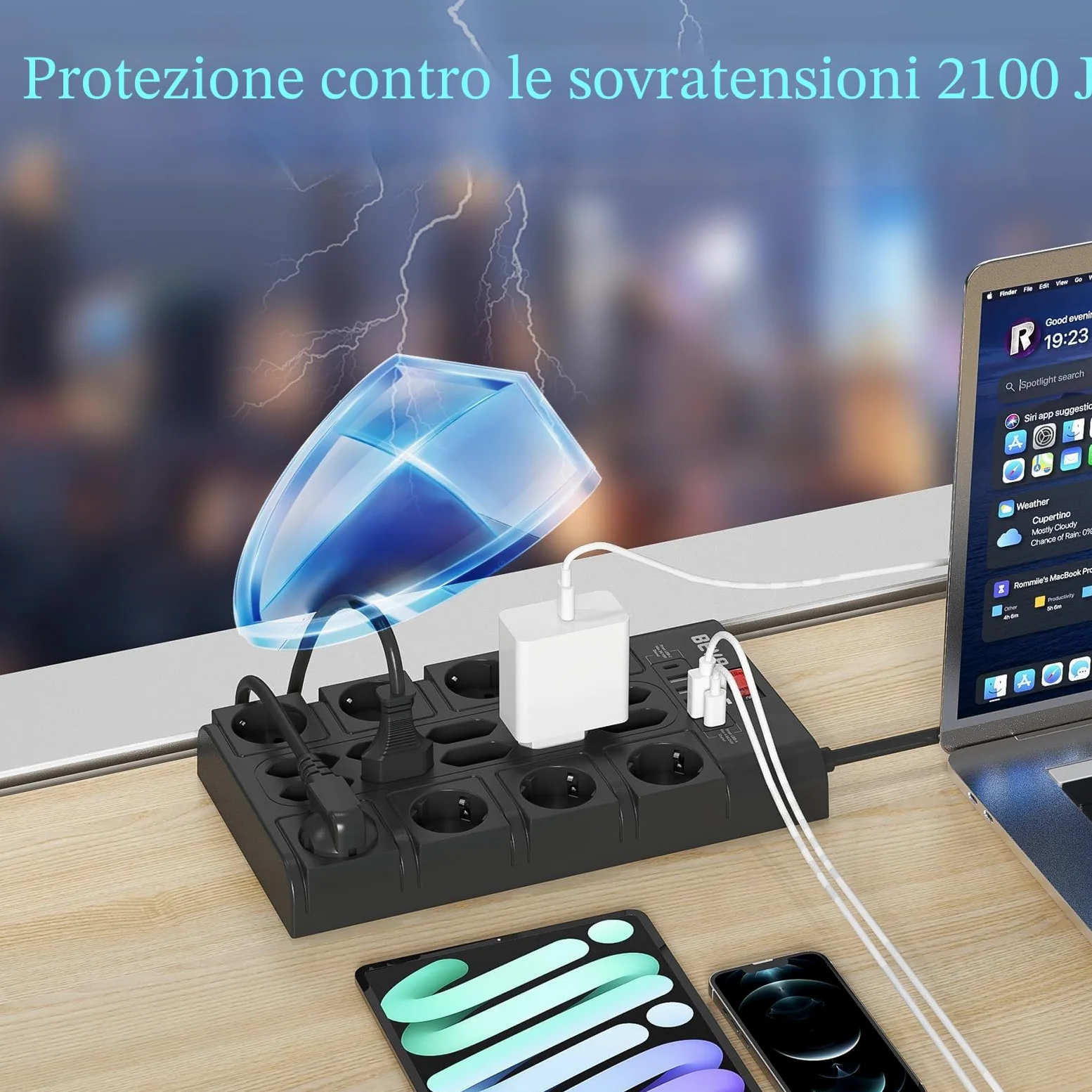 4M Ciabatta Multipresa 3680W/16A, BEVA Ciabatta Elettrica con 18 Prese CA, 4 Porte di Ricarica USB-A e 2 USB-C, Presa con Indicatore di Stato e Protezione Dalle Sovratensioni