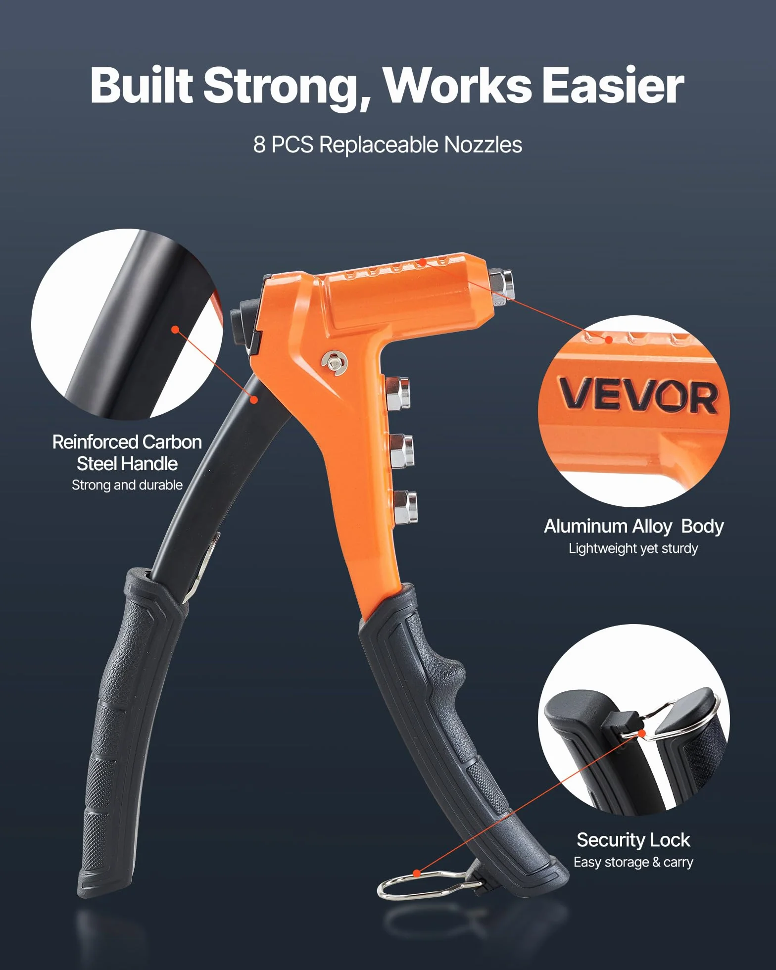VEVOR Kit Rivettatrice per Filettati a Cricchetto 230 mm, 8 Mandrini, Punta per Trapano a Gradini, 80 Dadi, Custodia per Trasporto