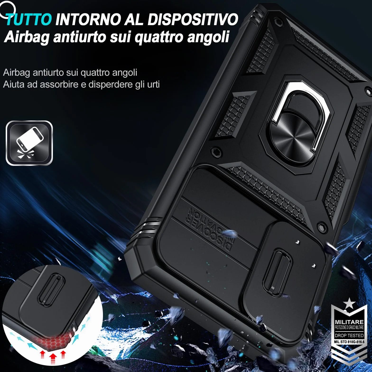 LeYi Cover per Samsung A17 5G con Vetro Temperato [2 Pack],Custodia per Samsung Galaxy A 17 con Protezione Fotocamera [Slidable] Antiurto Grado Militare 360° Anello Supporto TPU Bumper Case, Nero