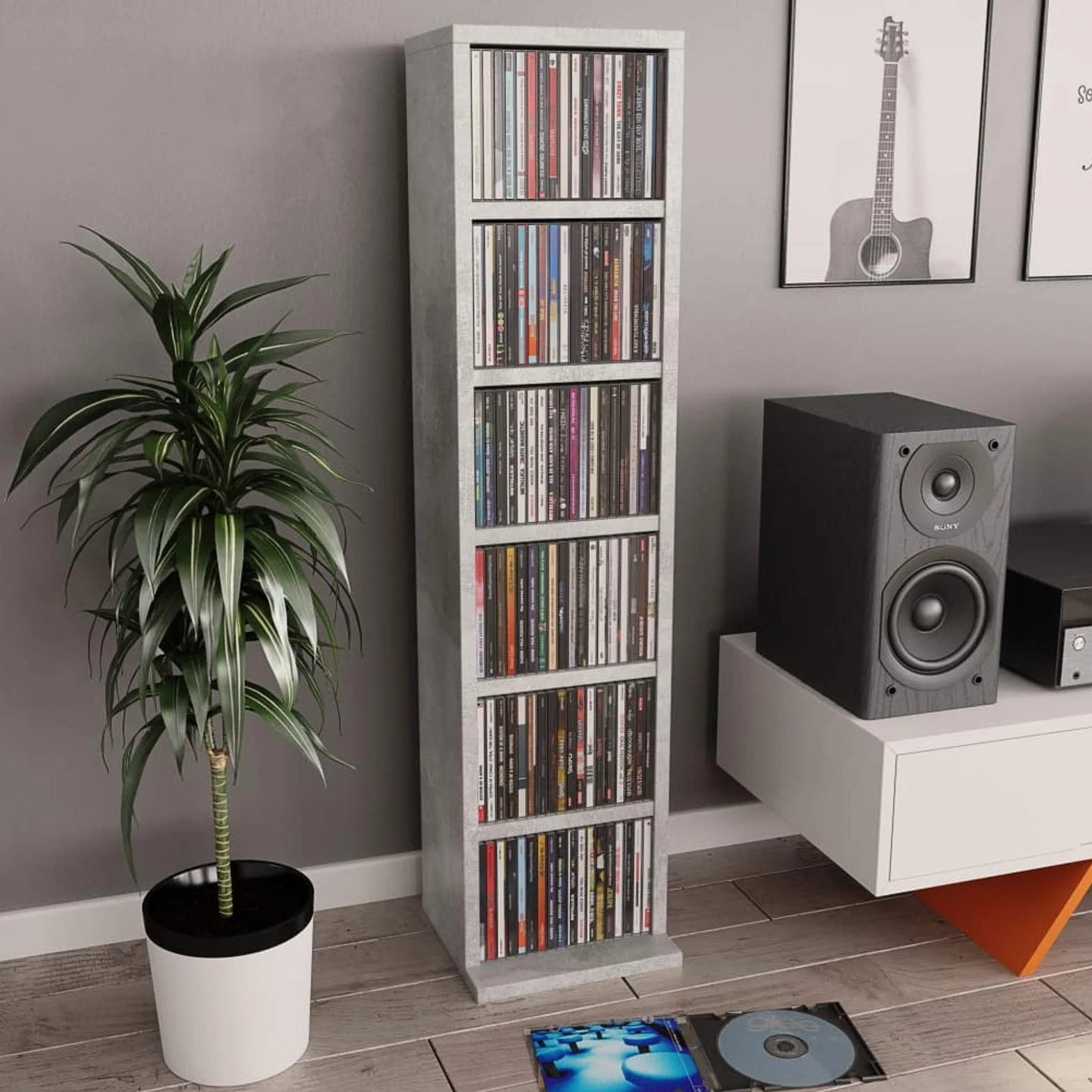 LAPOOH Mobile Porta CD Grigio Cemento 21x20x88 cm in Legno Multistrato,Mobile Porta CD,Porta cd,Scaffalatura per CD(SPU:800355)