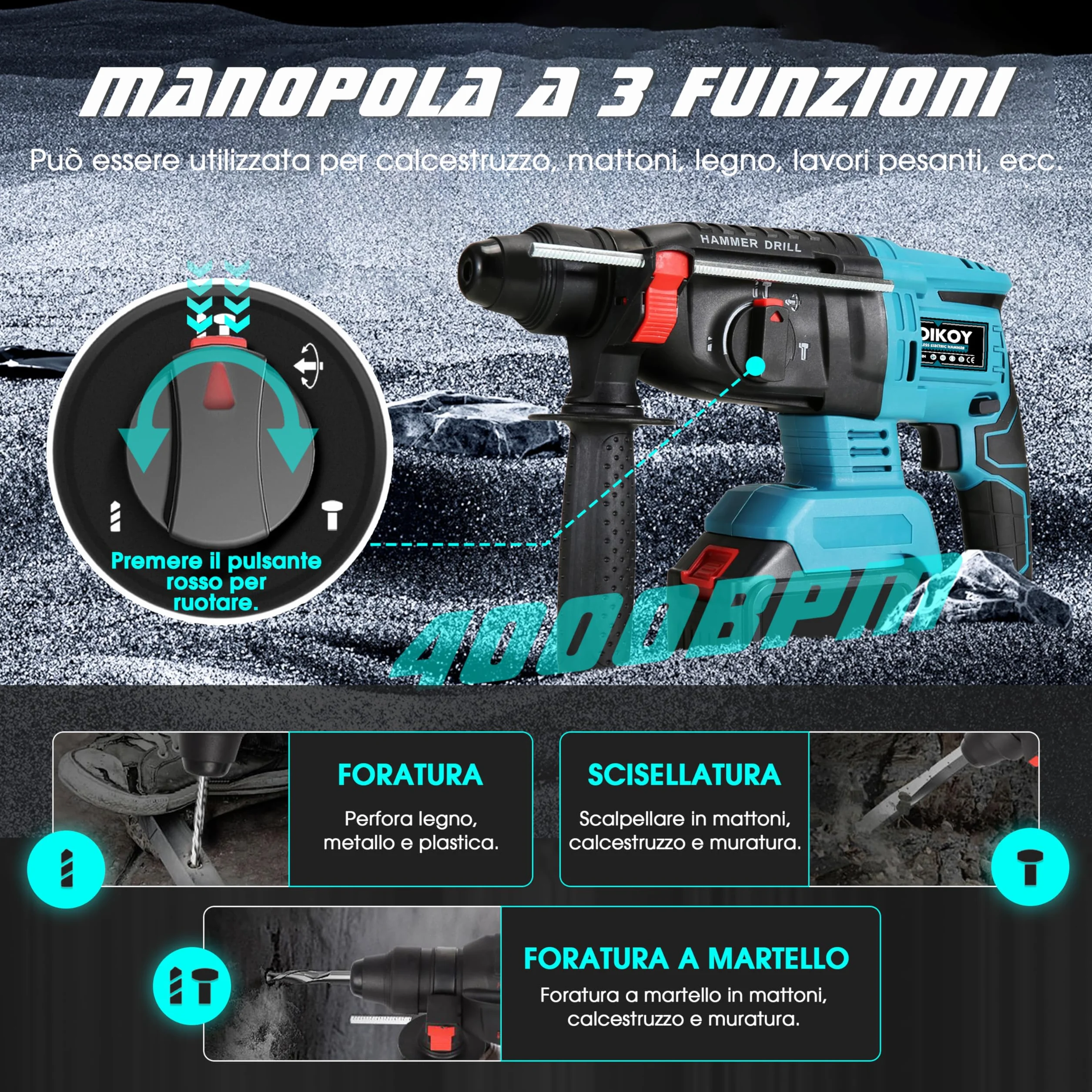 Martello Demolitore Senza Fili 21V, Tassellatore a Batteria Senza Spazzole, 4000 BPM, 32 mm, Compatibile Makita