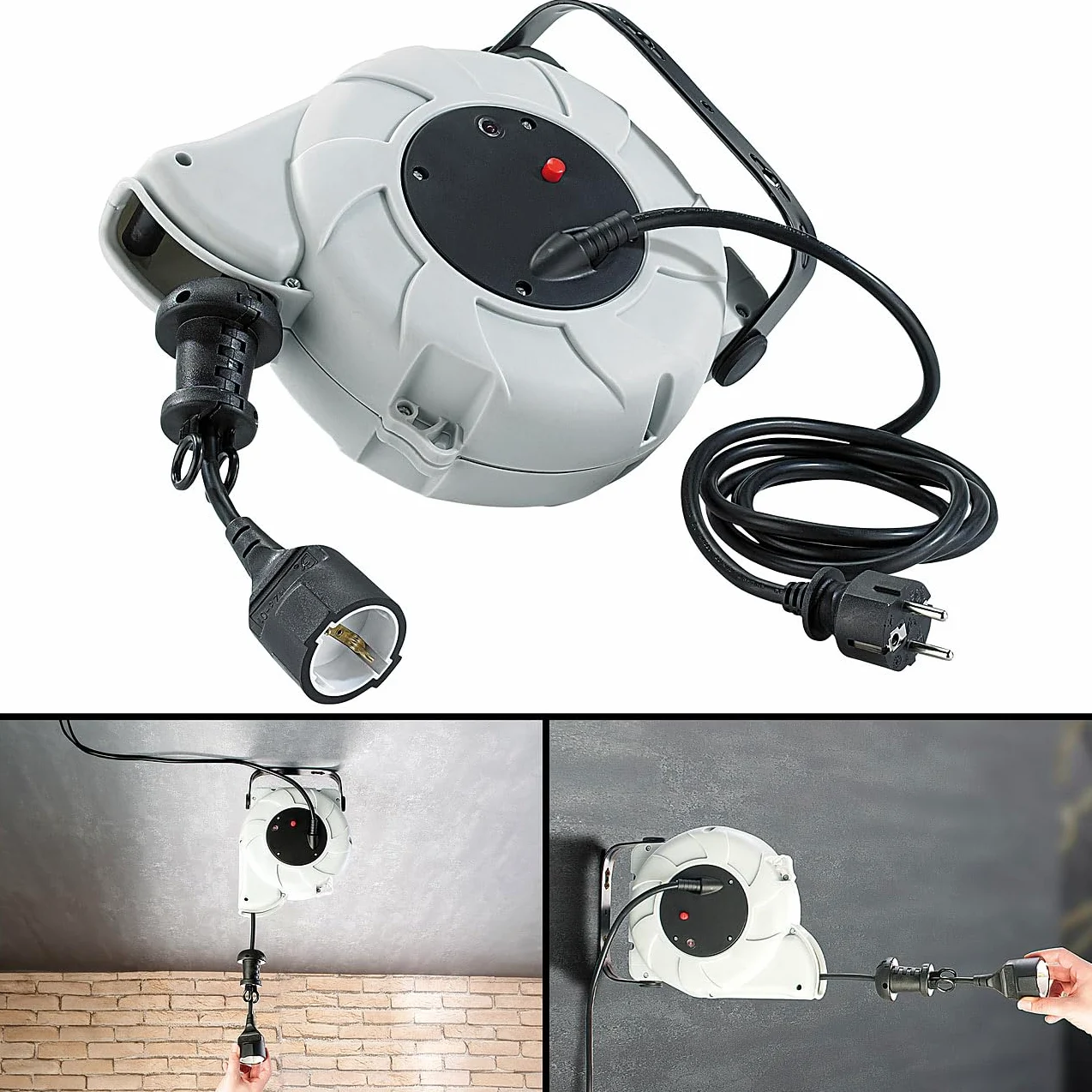 revolt Avvolgicavo elettrico automatico da soffitto/parete, 9 m, 16 A