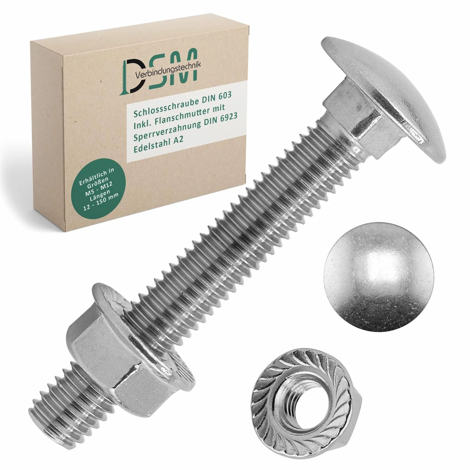 Viti a testa tonda M6 x 70 mm DIN 603 con dado flangiato M6 DIN 6923 acciaio inox A2/V2A