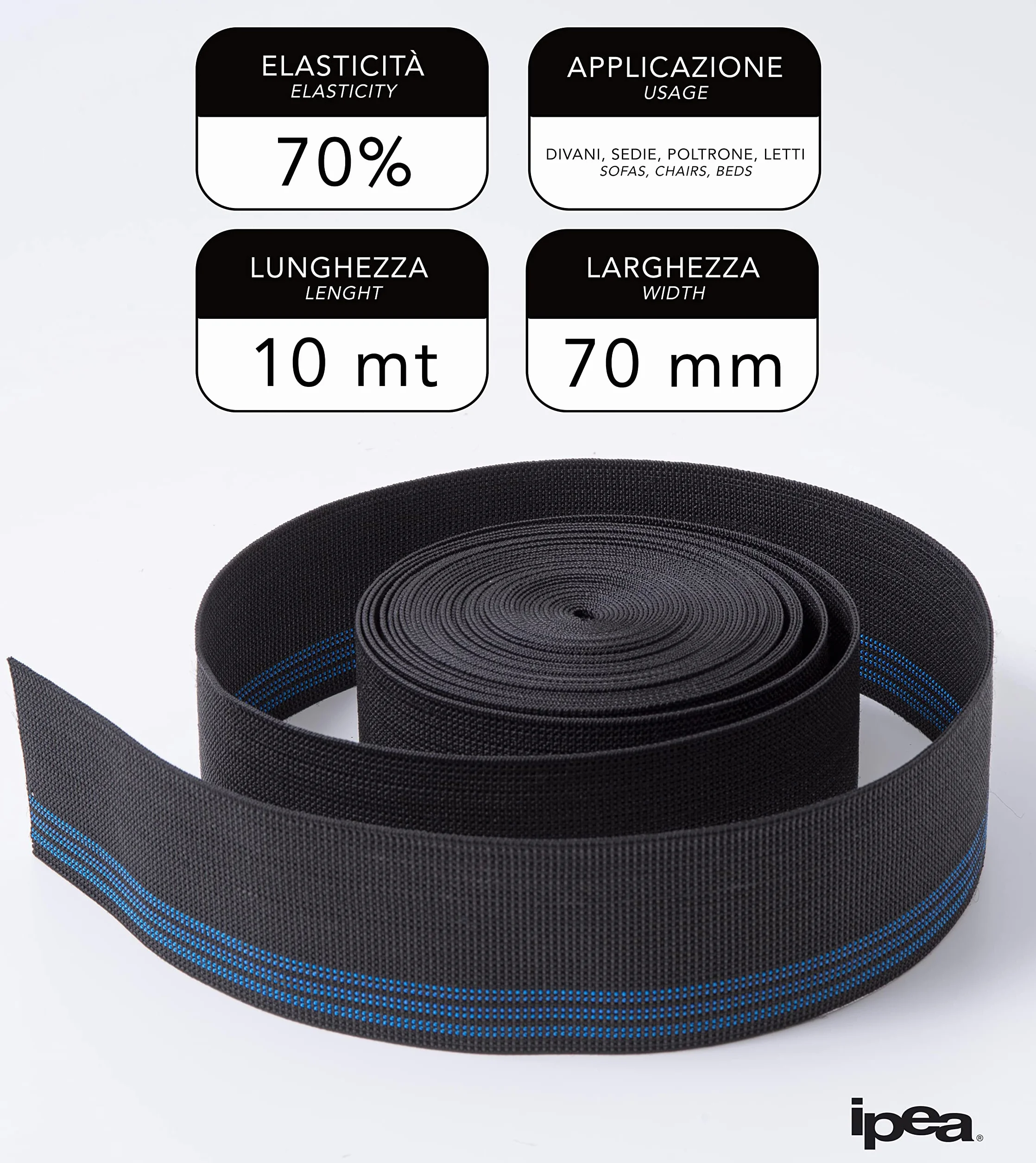 IPEA Cinghia Elastica per Divano, Sedie, Poltrone – [ 10 Metri di Lunghezza ] – Made in Italy - Larga 70 mm - Corda Fascia Tirante a 3 Righe per Tappezzeria, Sedute, Schienali – Elasticità 90%