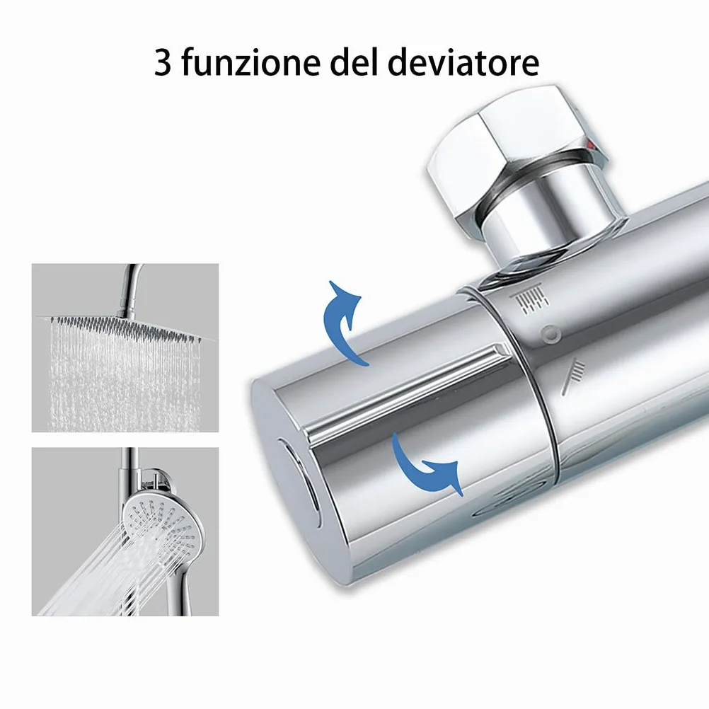 OCEAN ITALY Colonna Doccia con Rubinetto Termostatico, Miscelatore Doccia Soffione Doccia Quadrato in Acciaio Inox 20x20cm, Doccetta Tonda da 108mm, Altezza Regolabile 735-1170mm Cromo