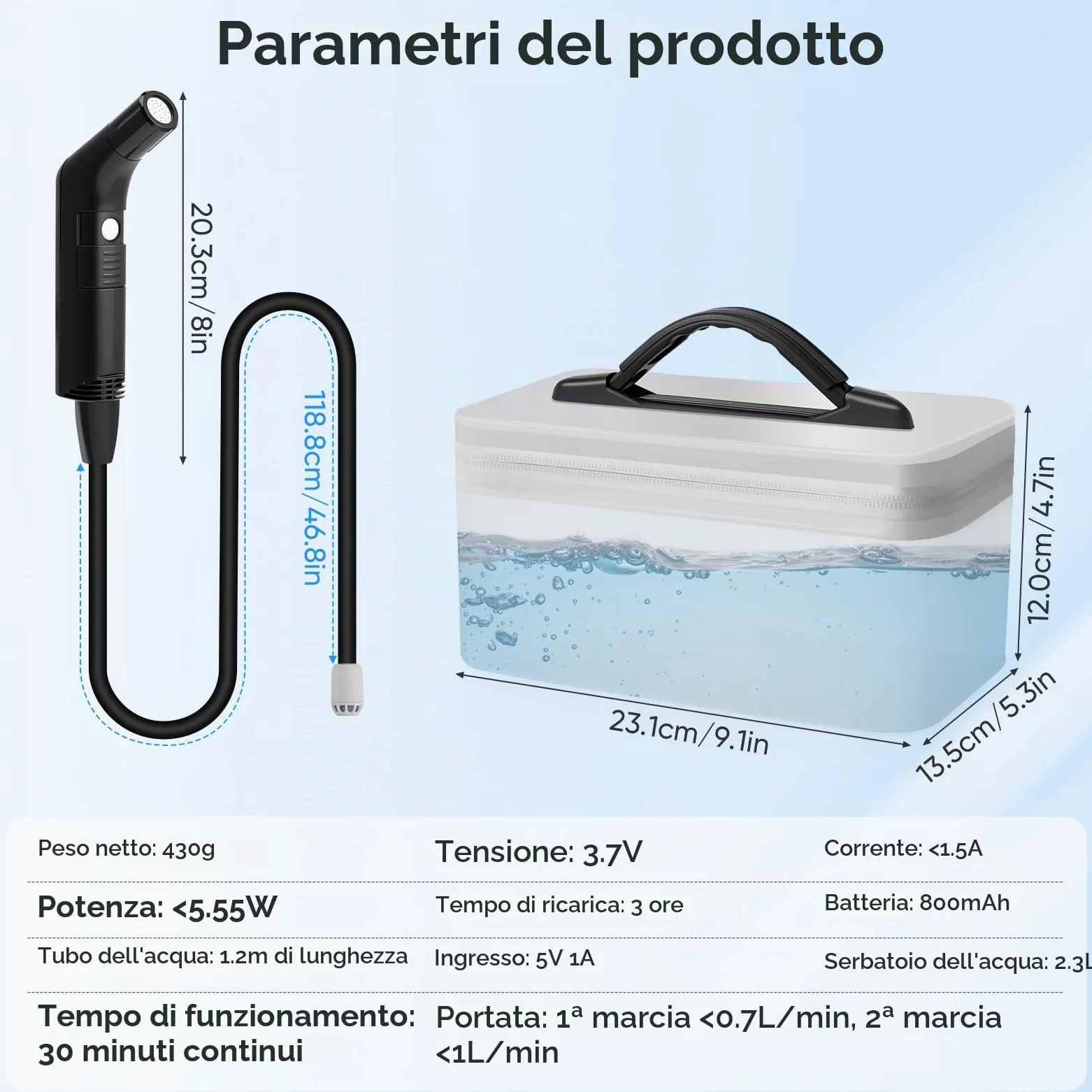 Bidet elettrico da viaggio da 2,3 l, bidet portatile con tubo da 1,2 m, portatile, per bagno, campeggio, all'aperto, doccia musulmana, bottiglia perineale, 2 modalità