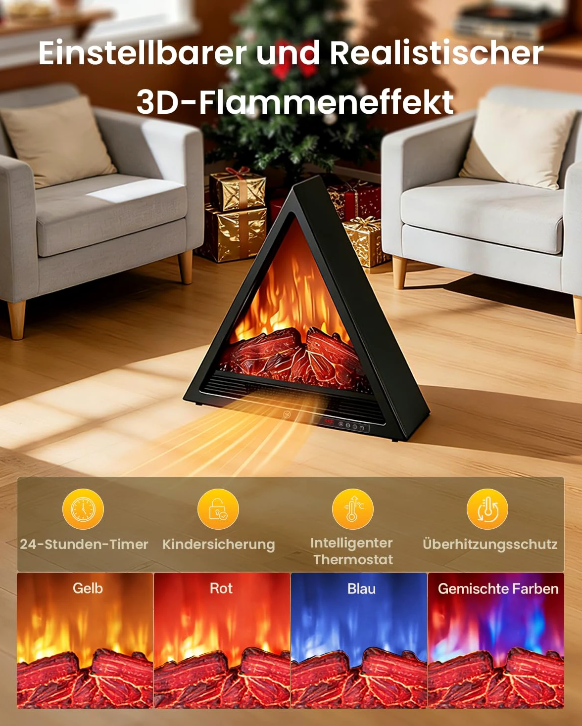 AIRMATE Camino Elettrico, 1800W Triangolare Caminetto Elettrico con Riscaldamento, Effetto Fiamma 3D, Camino Elettrico 4 colori di fiamma, Camino con telecomando, Stufa Elettrica 24H Timer