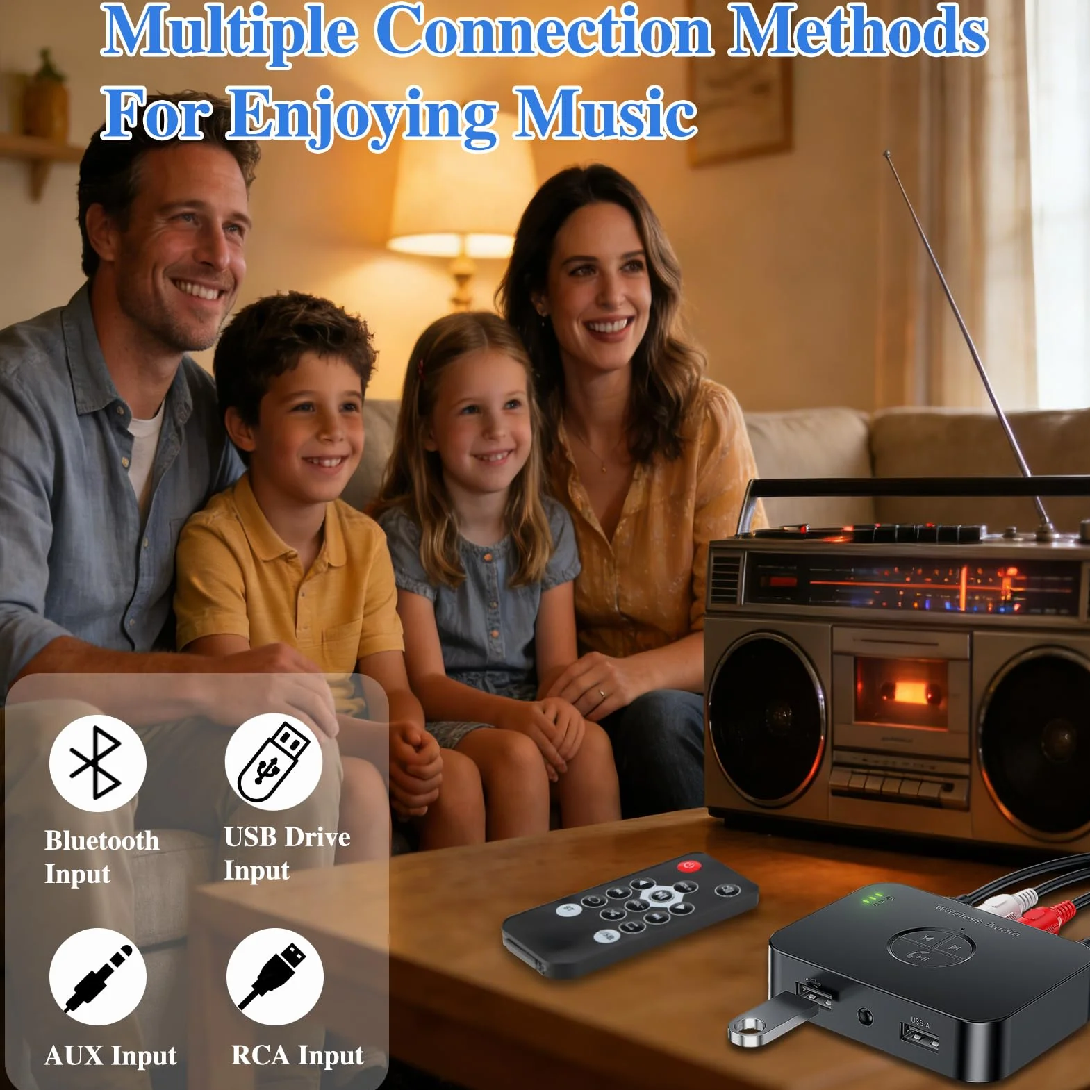 Adattatore Bluetooth 6.0 stereo, doppia connessione 3,5 mm AUX & RCA output, ricevitore Bluetooth per altoparlanti, amplificatore e autoradio, ricevitore audio HiFi Bluetooth con telecomando e 3D