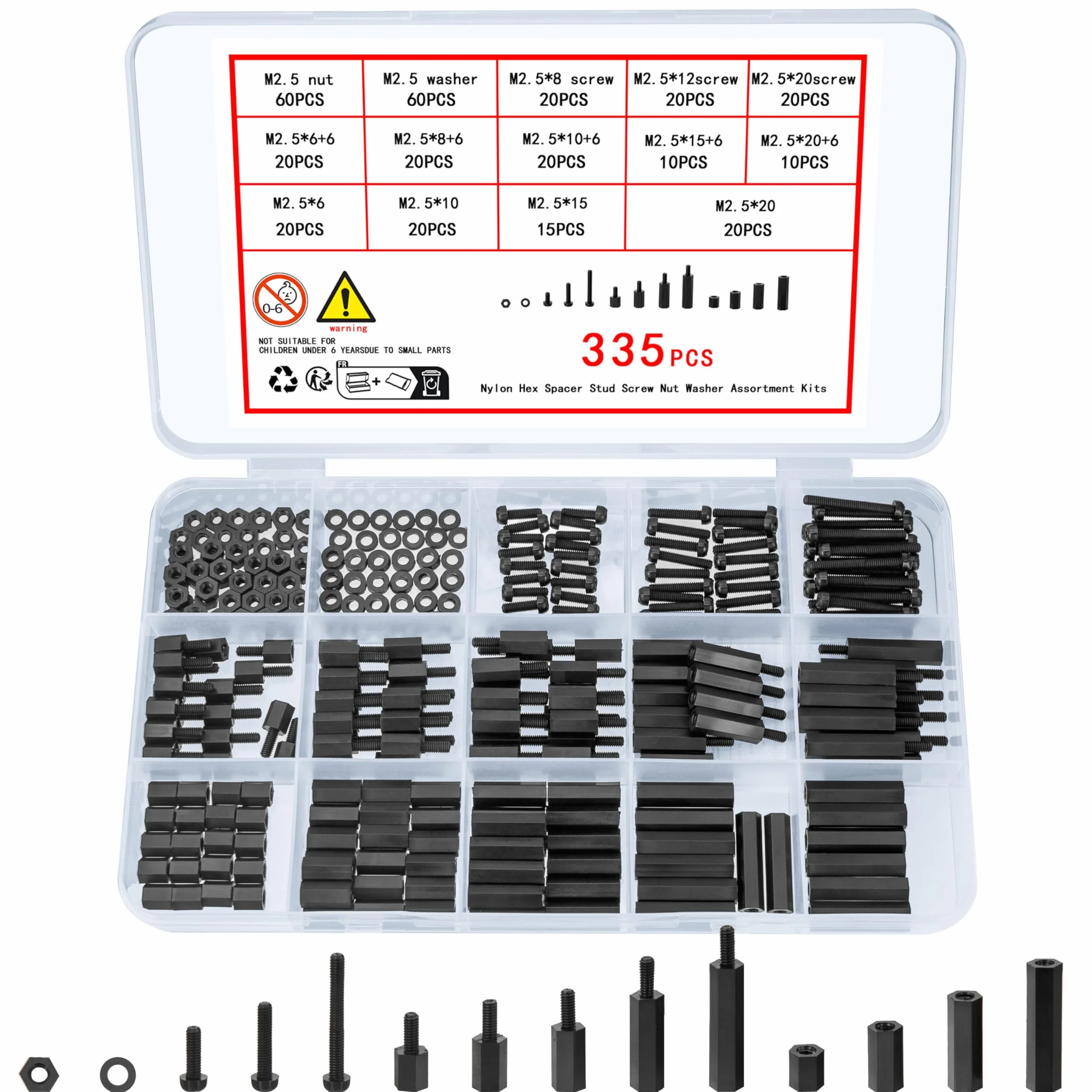 Distanziatori Esagonali in Nylon Nero M2.5 335 Pezzi, Kit Viti e Dadi per PCB