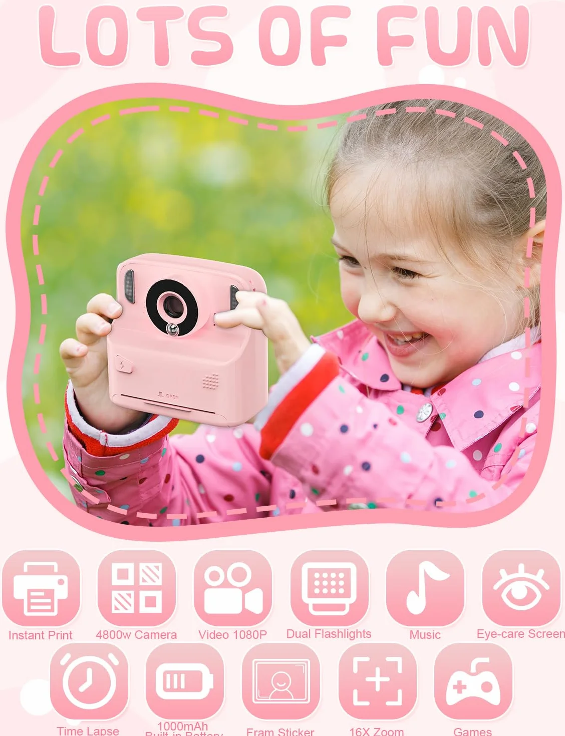 PHNIXGAM Fotocamera istantanea per bambini con 2 flash, fotocamera digitale per bambini 2,4 in HD, regalo per ragazzi e ragazze, tra cui 5 rotoli di carta da stampa e carta da 32 GB (Rosa)