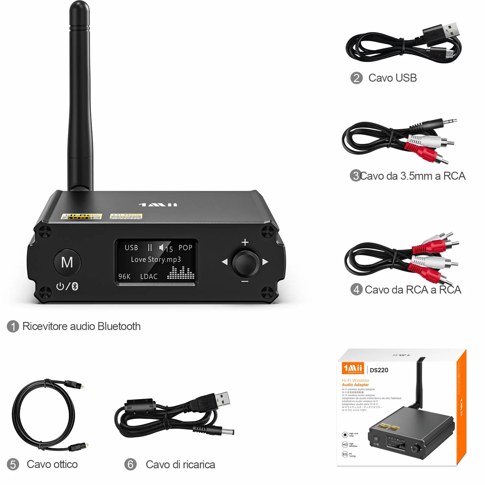 1Mii DS220 Ricevitore Bluetooth HiFi, Adattatore Bluetooth 5.3 Audio con DAC Audiofilo, Hi-Res LDAC/aptX HD/Bassa Latenza, con Uscita Ottica/RCA, Display OLED Modalità EQ per Stereo