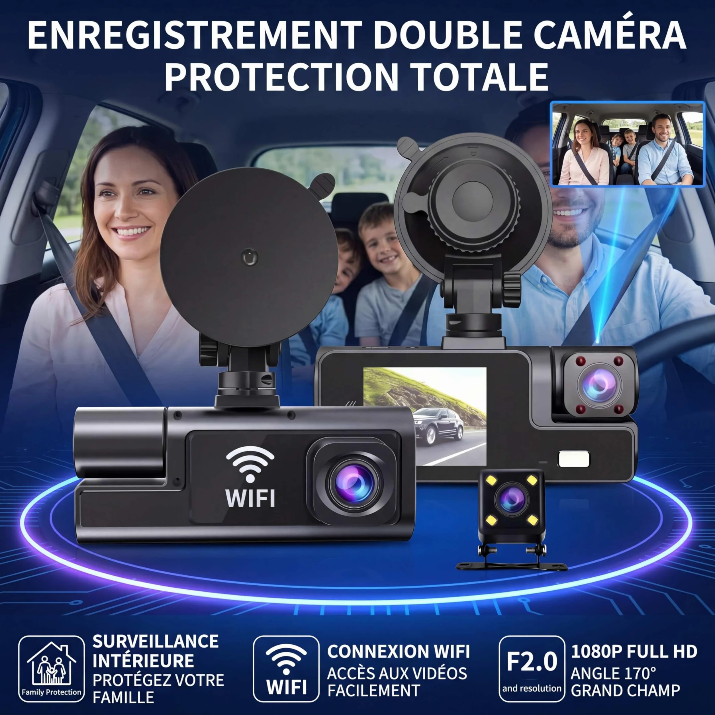 Telecamera Dashcam 3 telecamere 1080P Full HD | Massima sicurezza a 360° senza angolo morto, visione notturna e parcheggio monitorato, WiFi integrato rilevamento del movimento, ideale per i conducenti