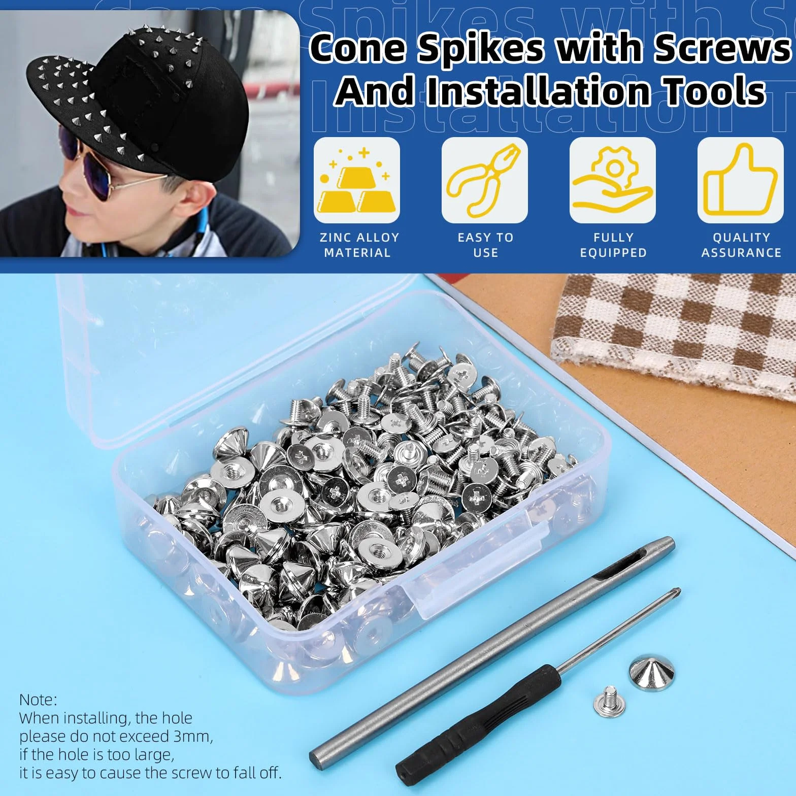 Glarks 100 Sets Silver Cone Spikes e Studs Kit 4.7mm Bullet Spikes Punk Back Studs with Installation Tools Leather Craft Rivets