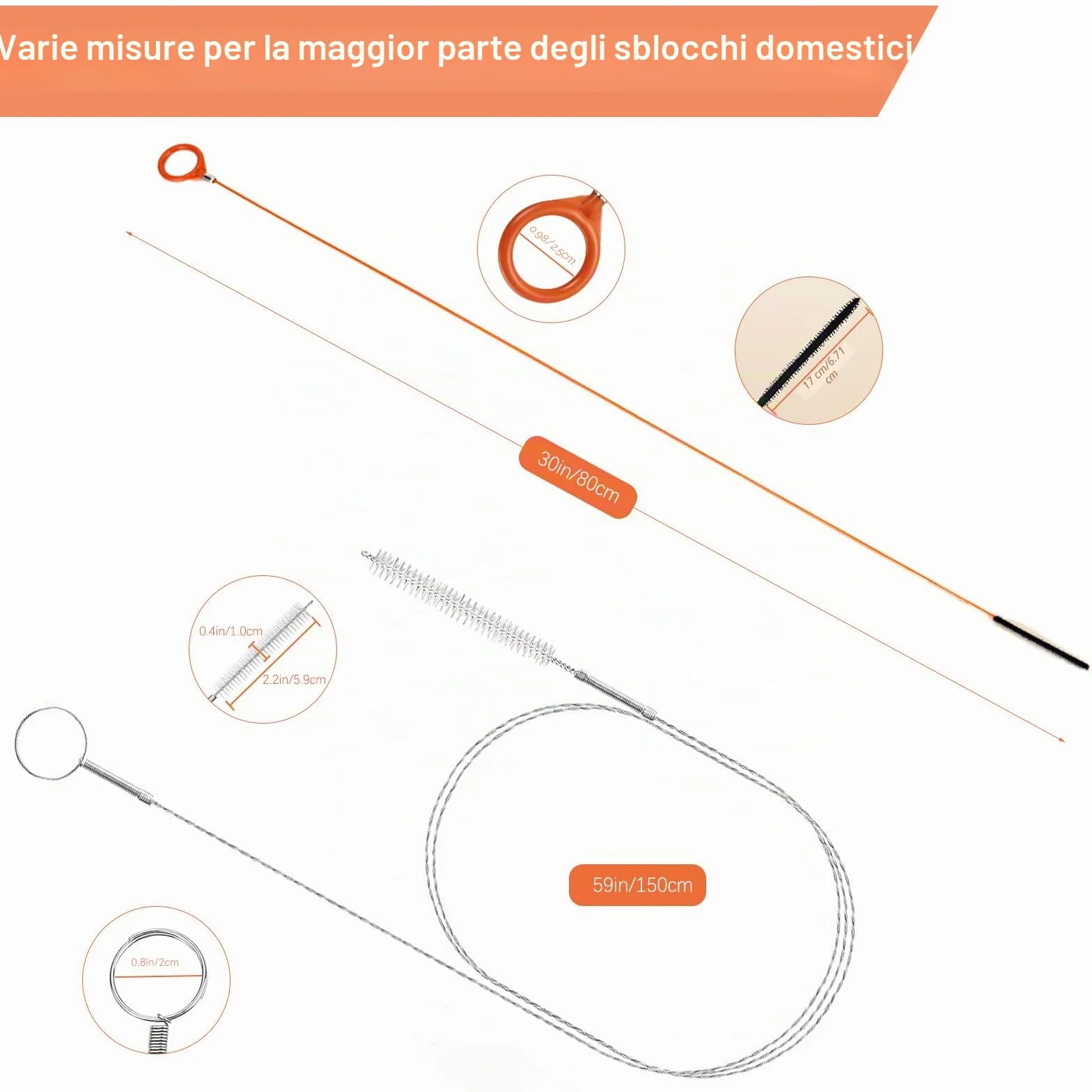 Set da 7 Stura Lavandini e Scarichi, Strumento Rimozione Capelli Serpente 76 cm + Spazzola Pulizia Flessibile 150 cm