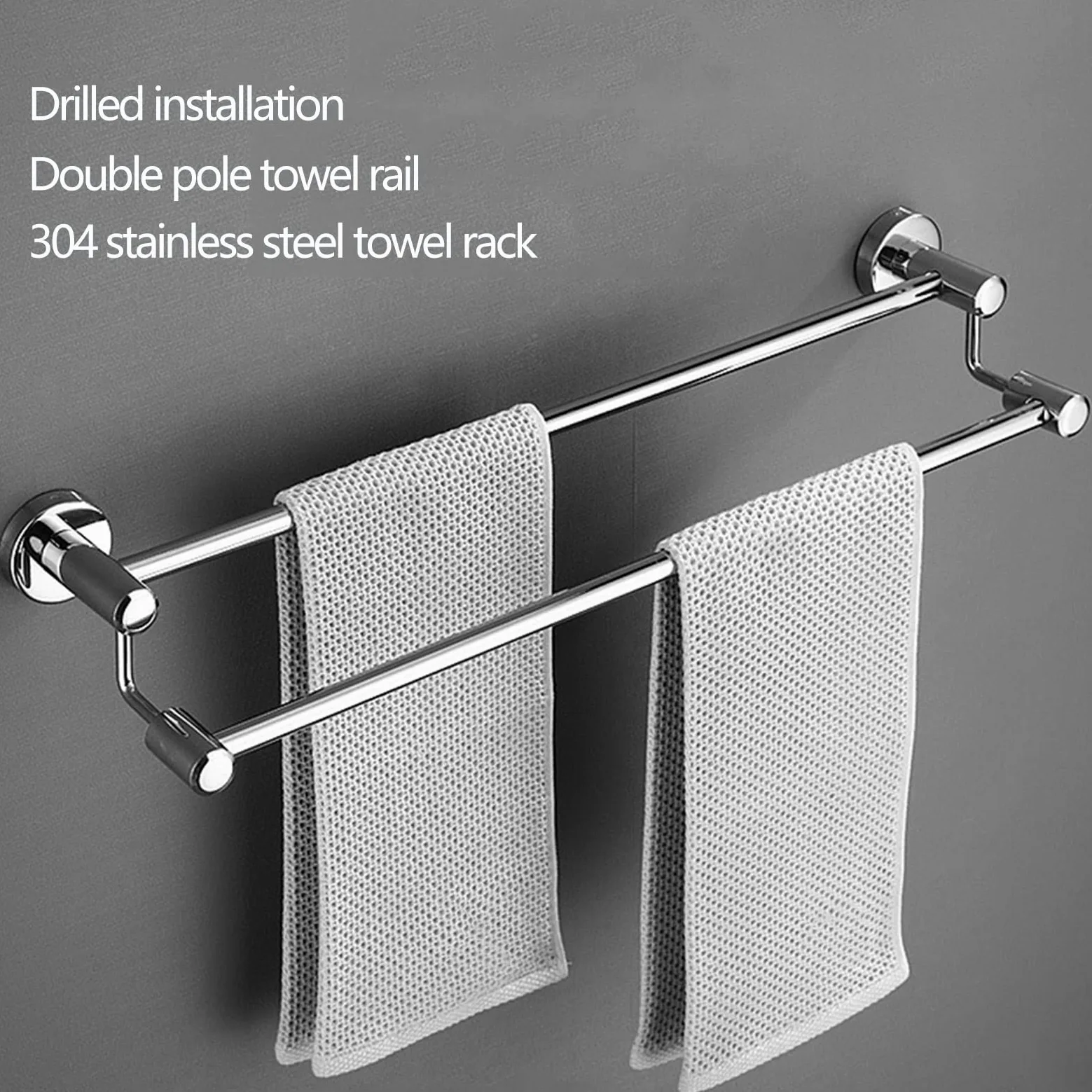 Portasciugamani doppio in acciaio inox, montaggio a parete, per bagno e cucina, 120 cm, argento